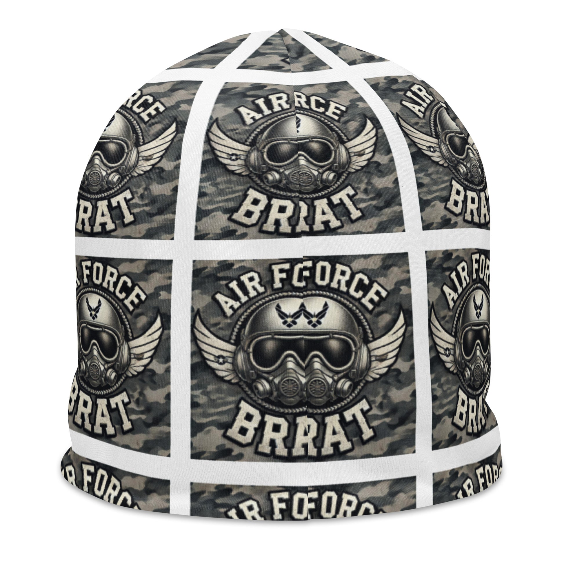 Back of youth beanie with baby helmet and words saying 'air force brat' in blue pattern