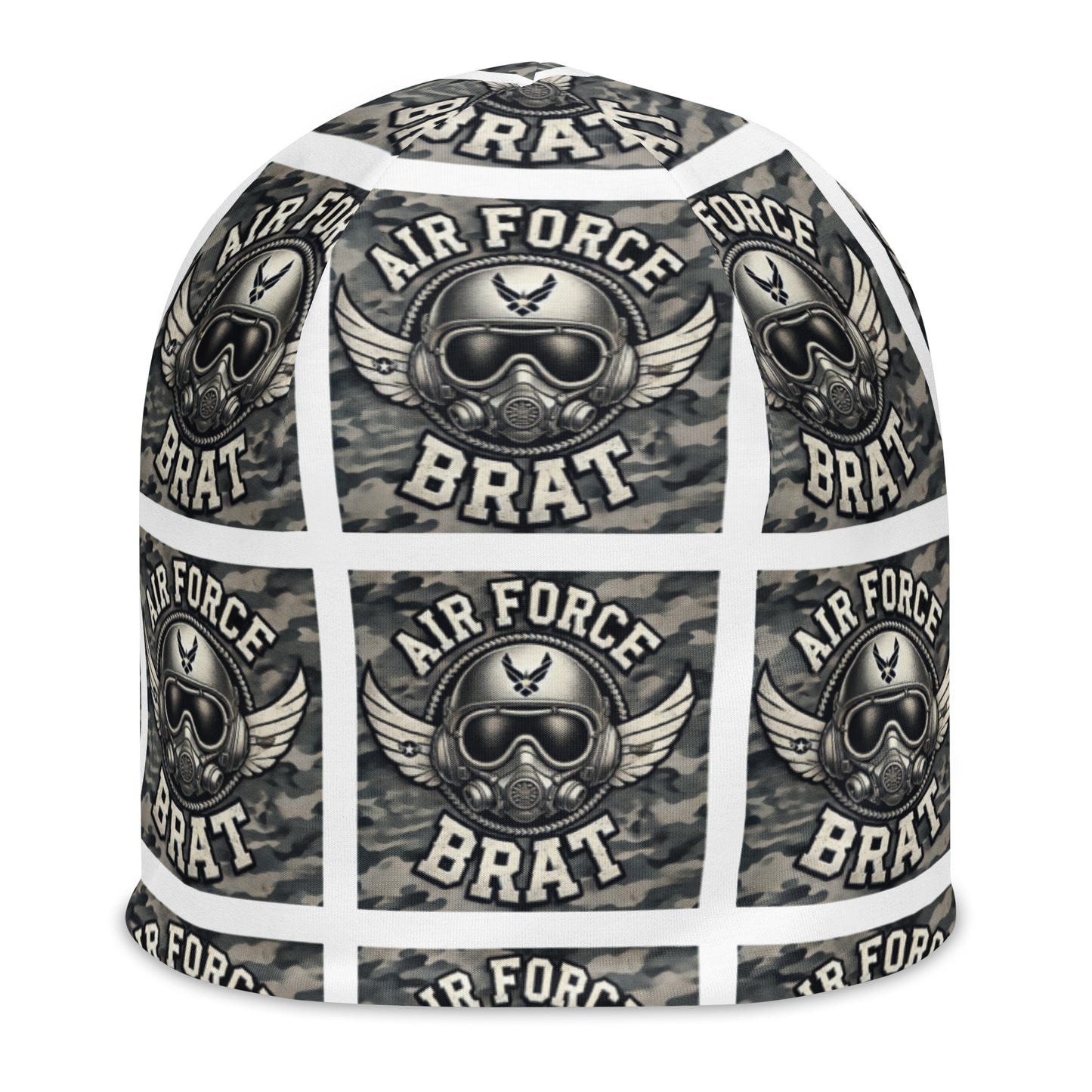 Front of youth beanie with baby helmet and words saying 'air force brat' in blue pattern