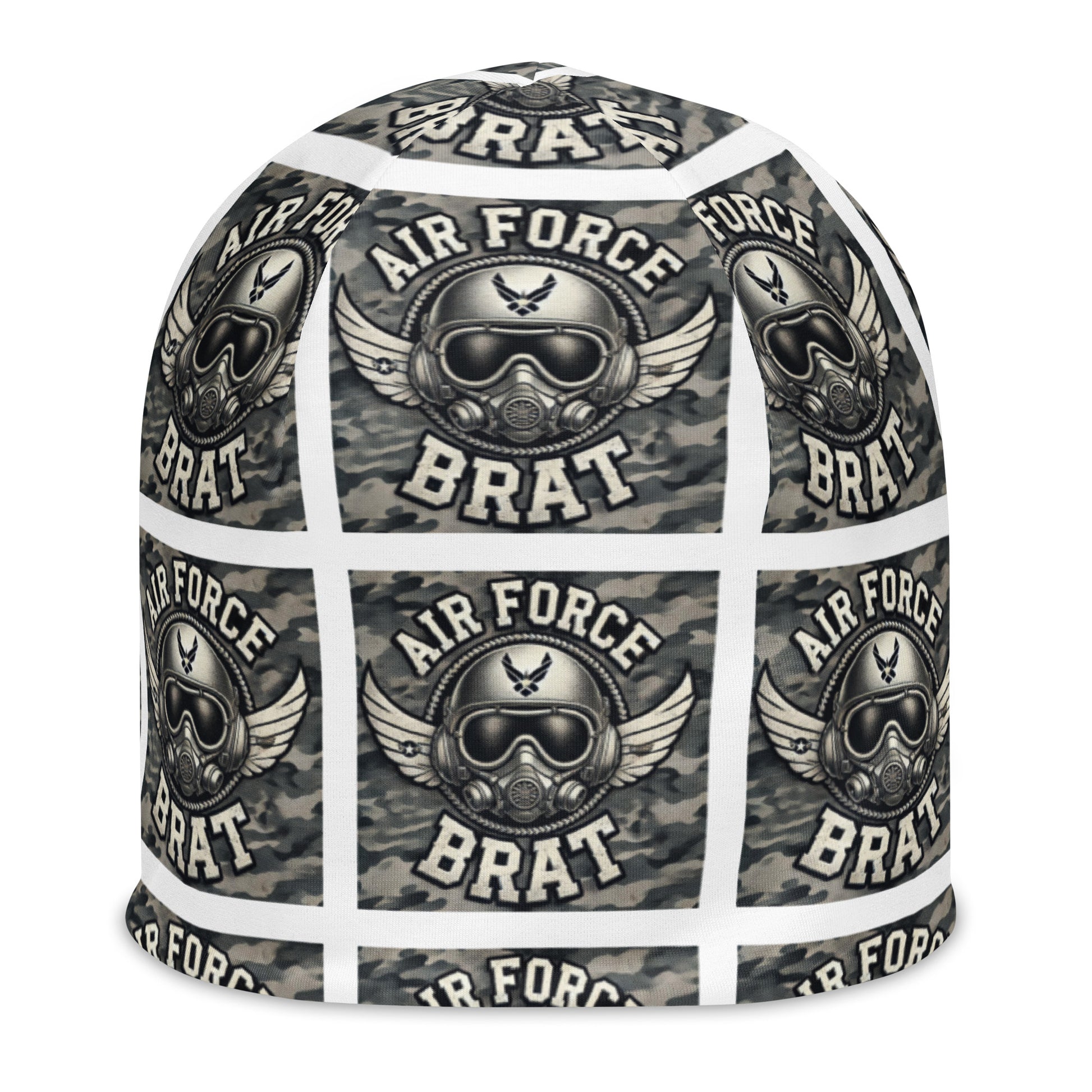 Front of youth beanie with baby helmet and words saying 'air force brat' in blue pattern
