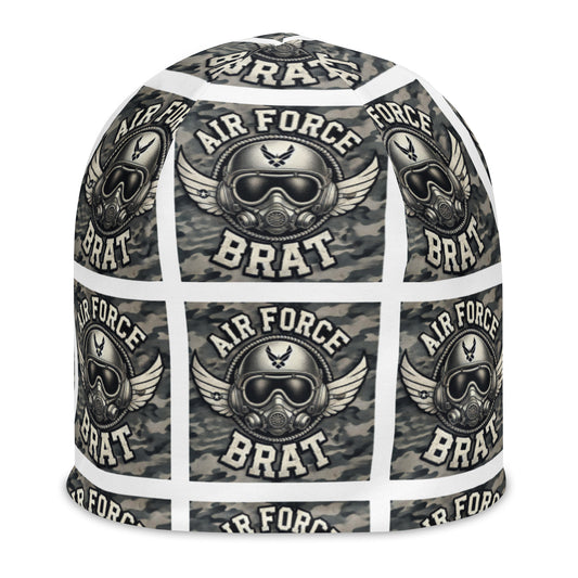 Front of youth beanie with baby helmet and words saying 'air force brat' in blue pattern