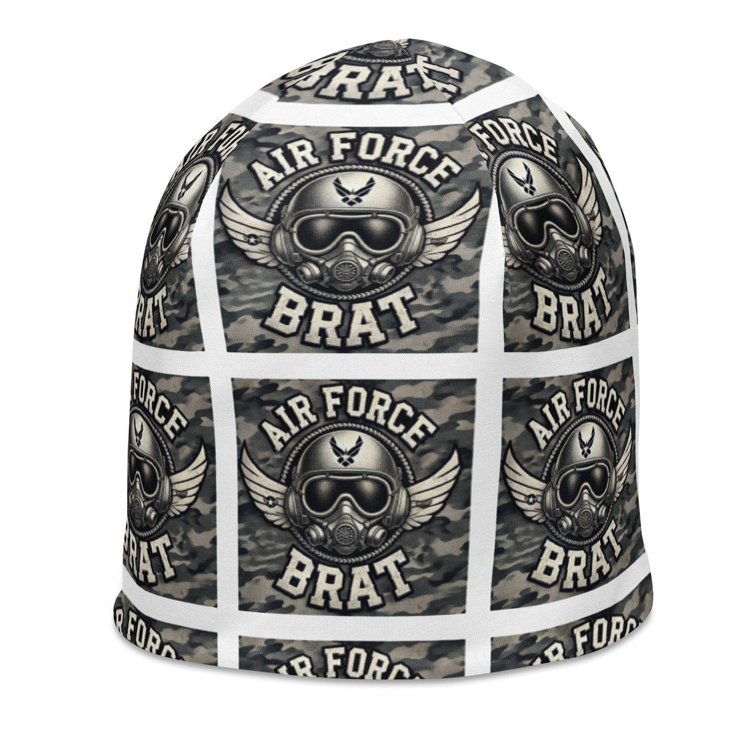 Left front of youth beanie with baby helmet and words saying 'air force brat' in blue pattern