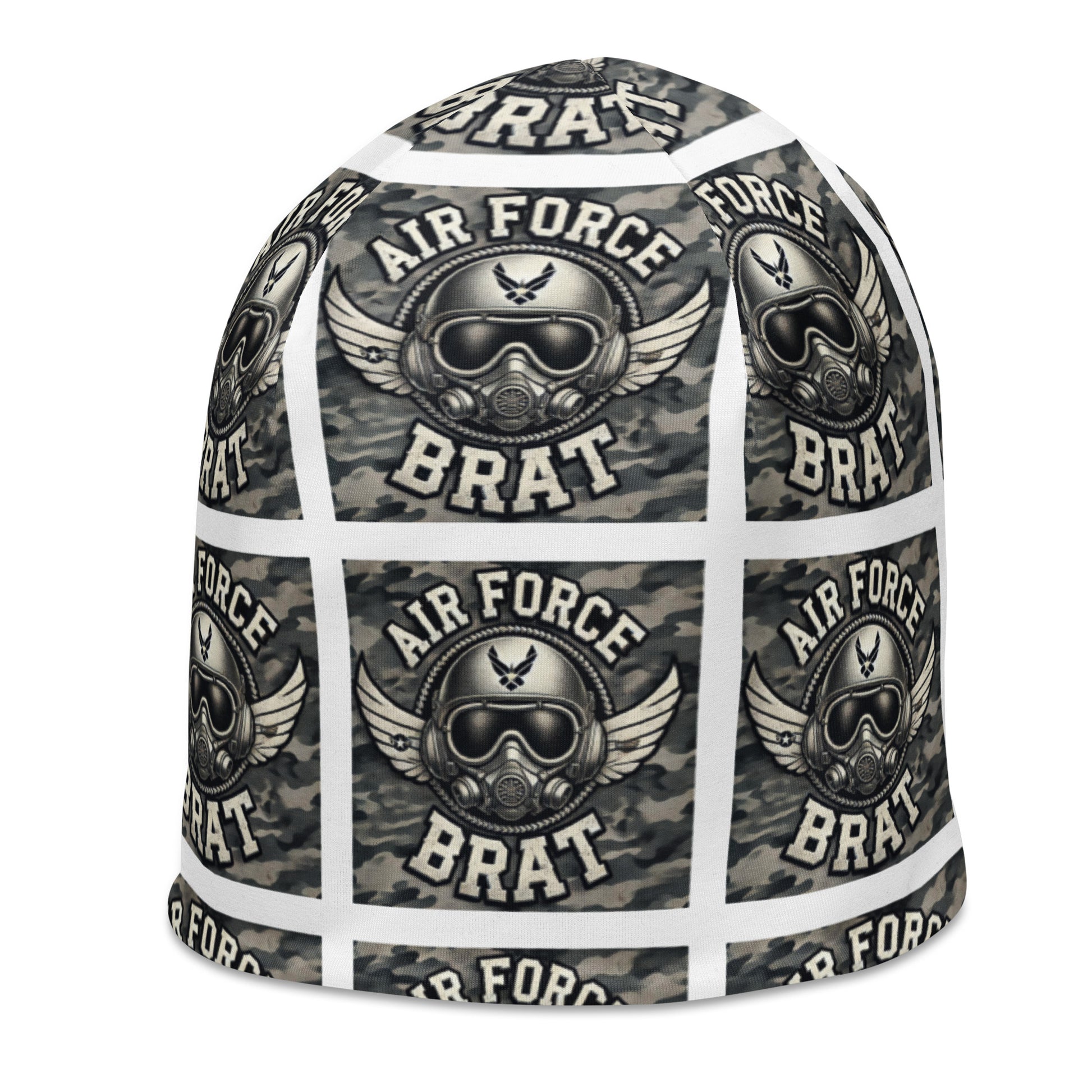 Left front of youth beanie with baby helmet and words saying 'air force brat' in blue pattern