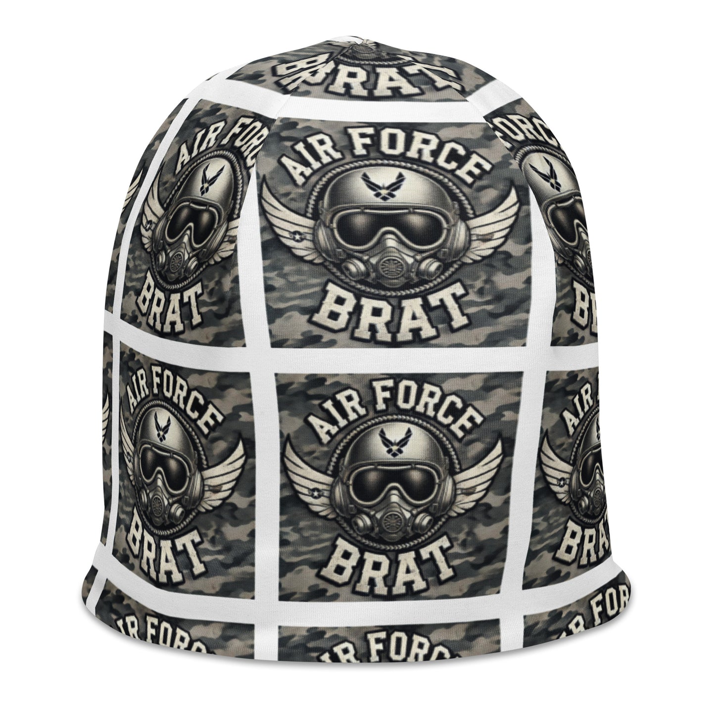 Right front of youth beanie with baby helmet and words saying 'air force brat' in blue pattern
