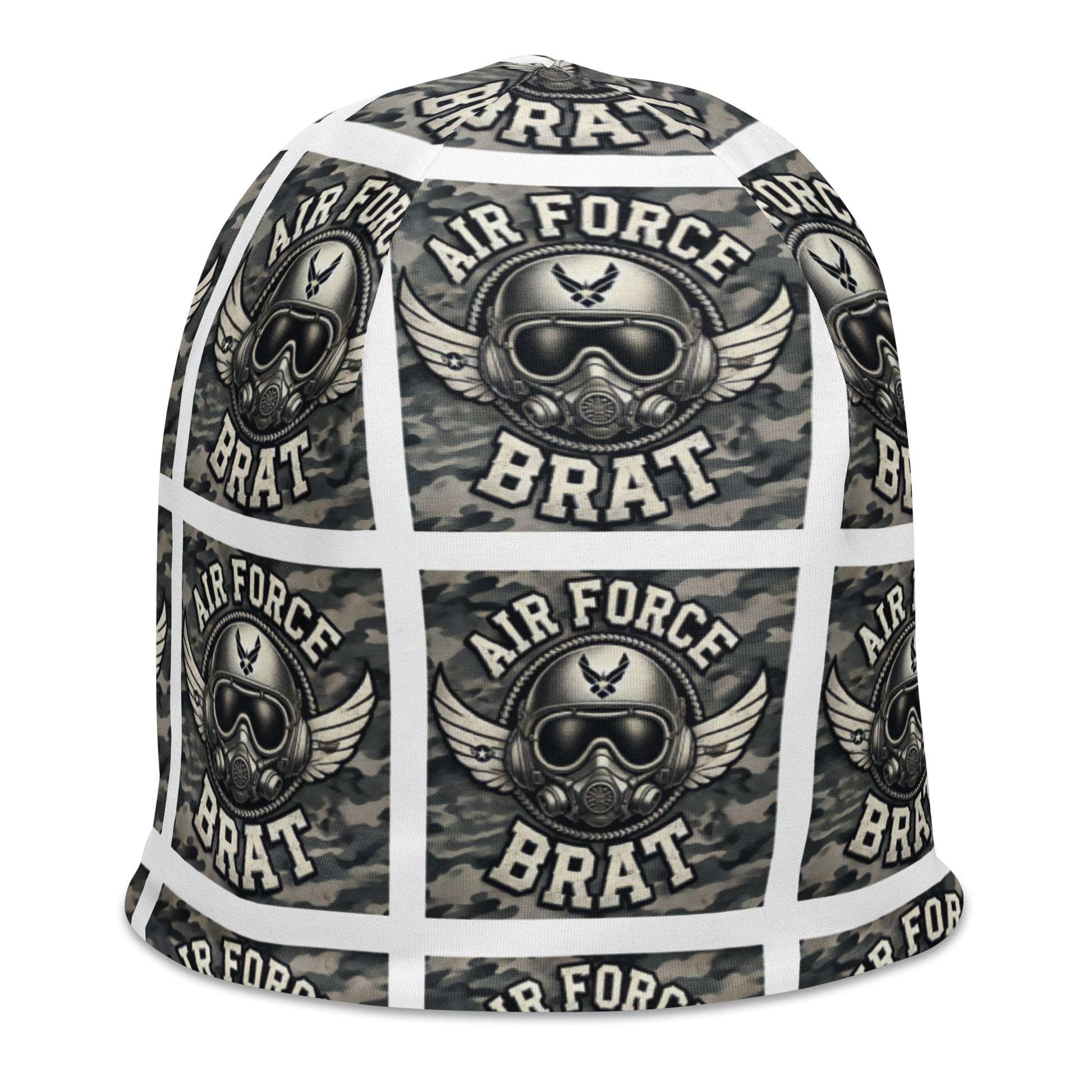 Right front of youth beanie with baby helmet and words saying 'air force brat' in blue pattern