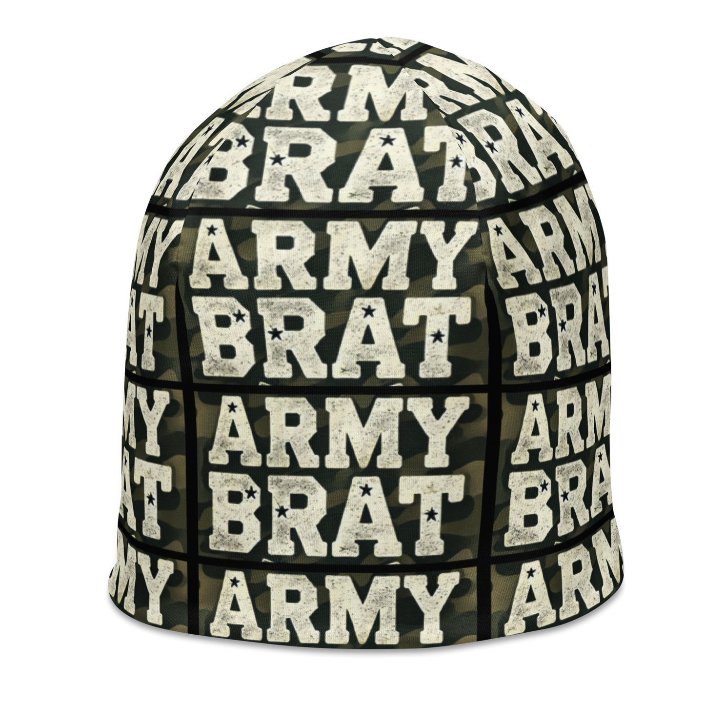 Left front of green and white beanie with print pattern saying 'Army Brat'