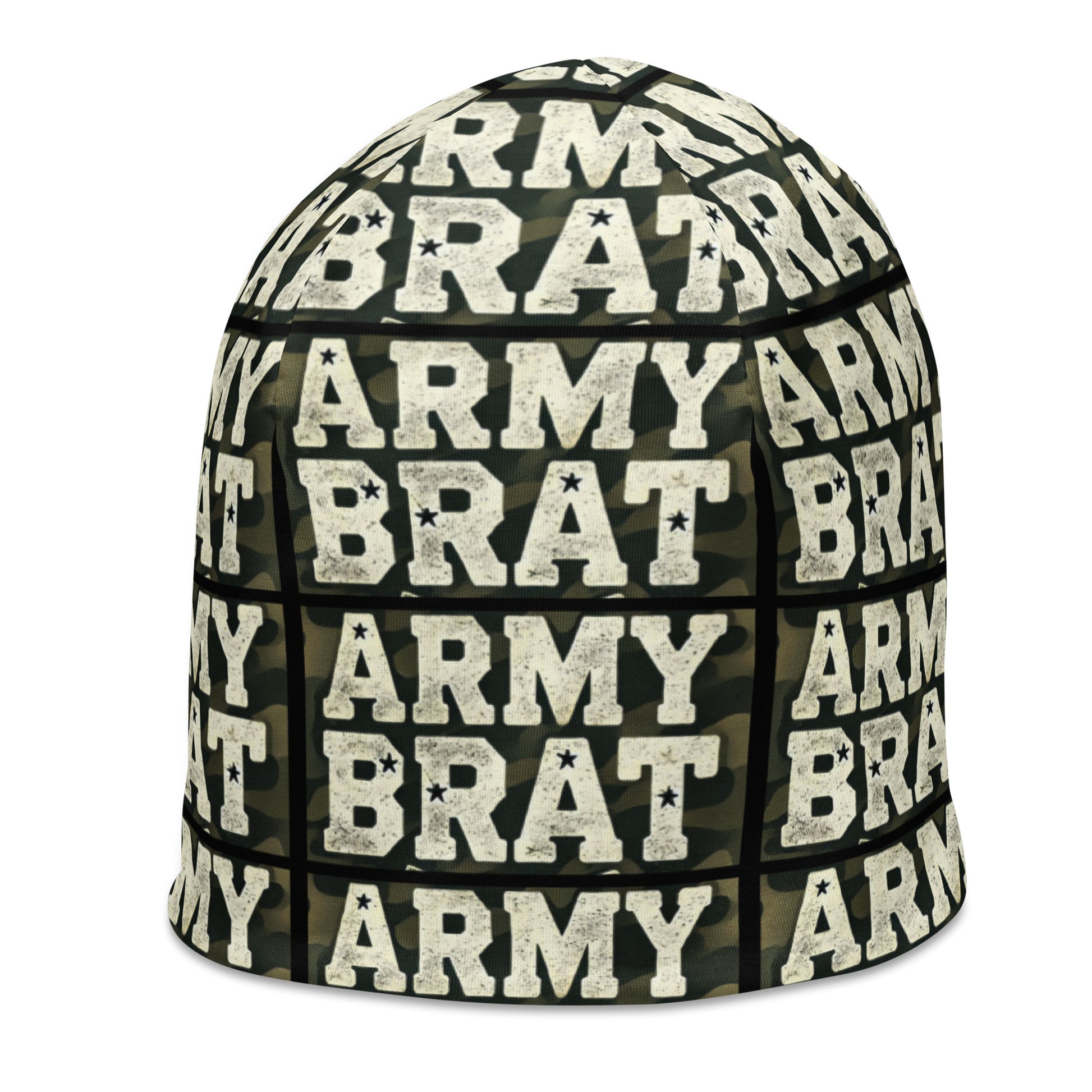Left front of green and white beanie with print pattern saying 'Army Brat'
