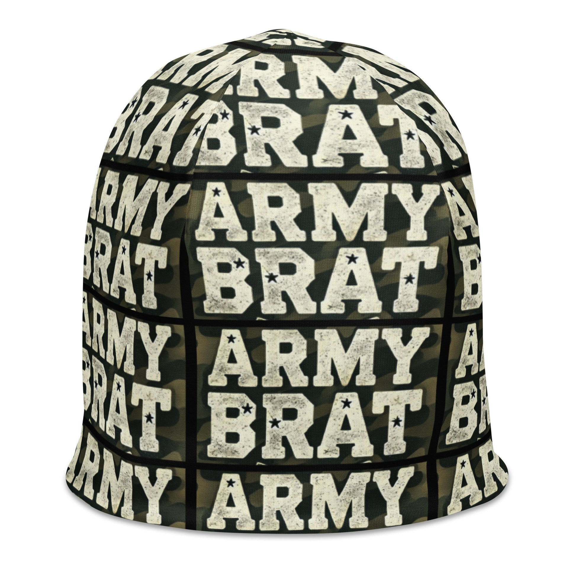 Right front of green and white beanie with print pattern saying 'Army Brat'