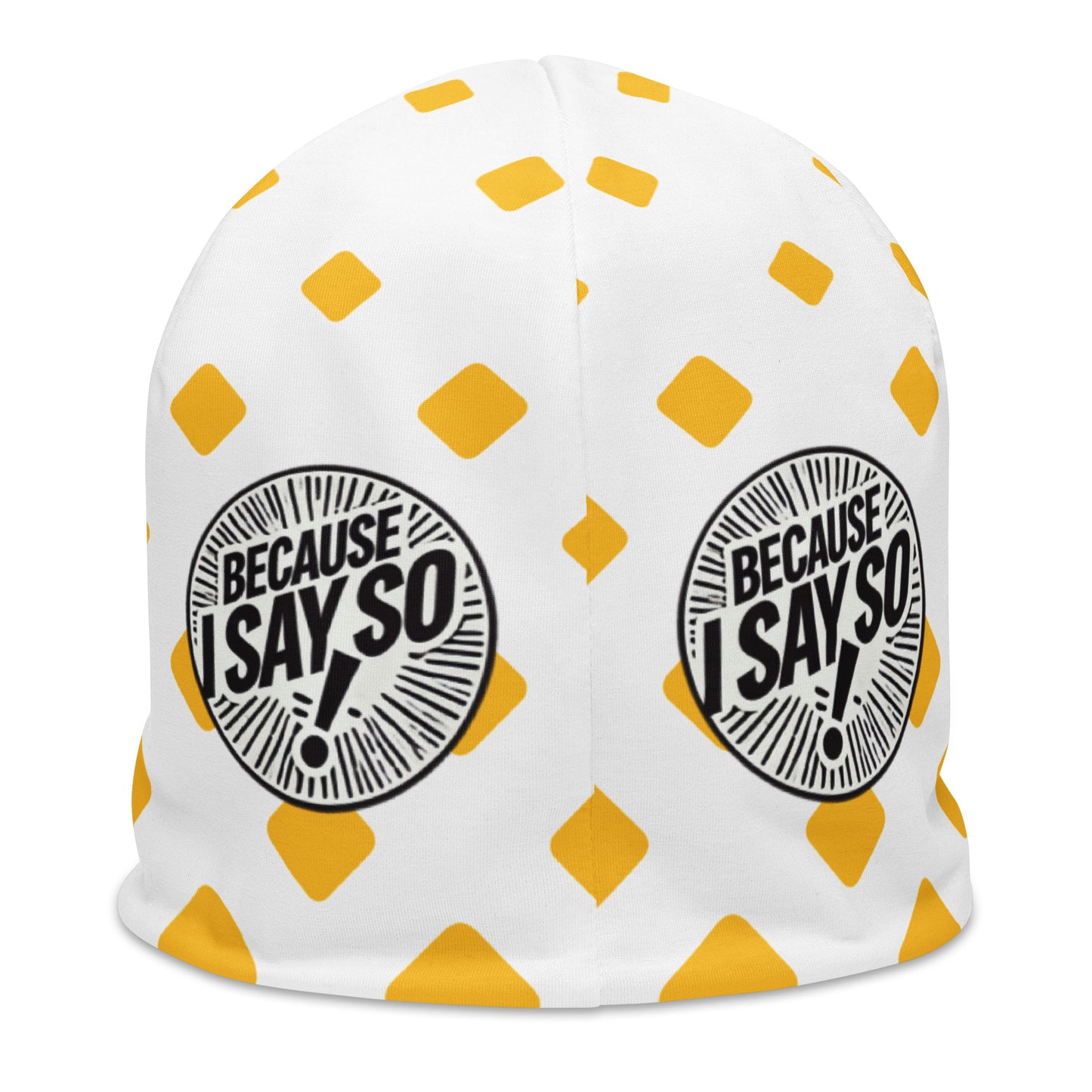 Back of yellow and white print youth beanie with circle icon saying 'Because I say so'