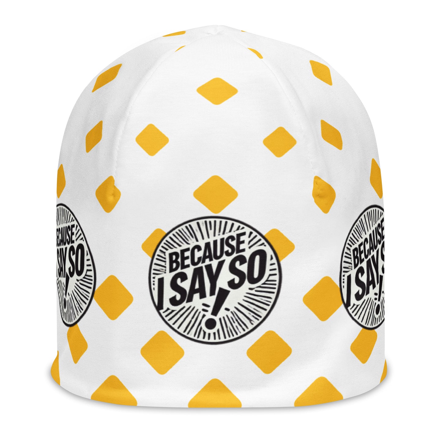 Front of yellow and white print youth beanie with circle icon saying 'Because I say so'