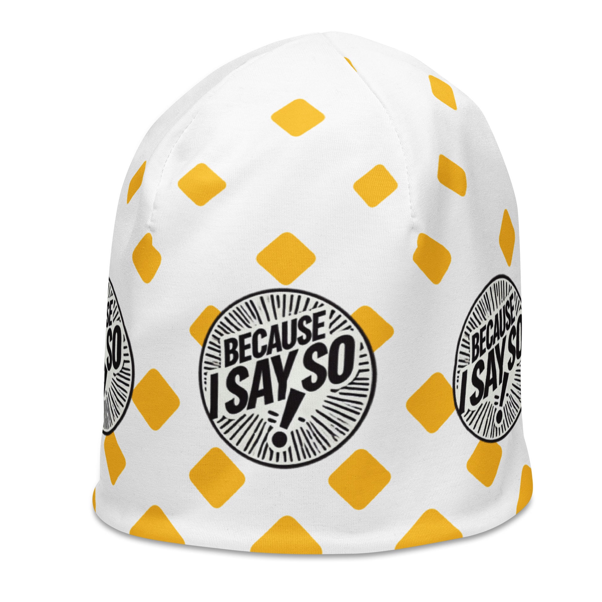 Left front of yellow and white print youth beanie with circle icon saying 'Because I say so'