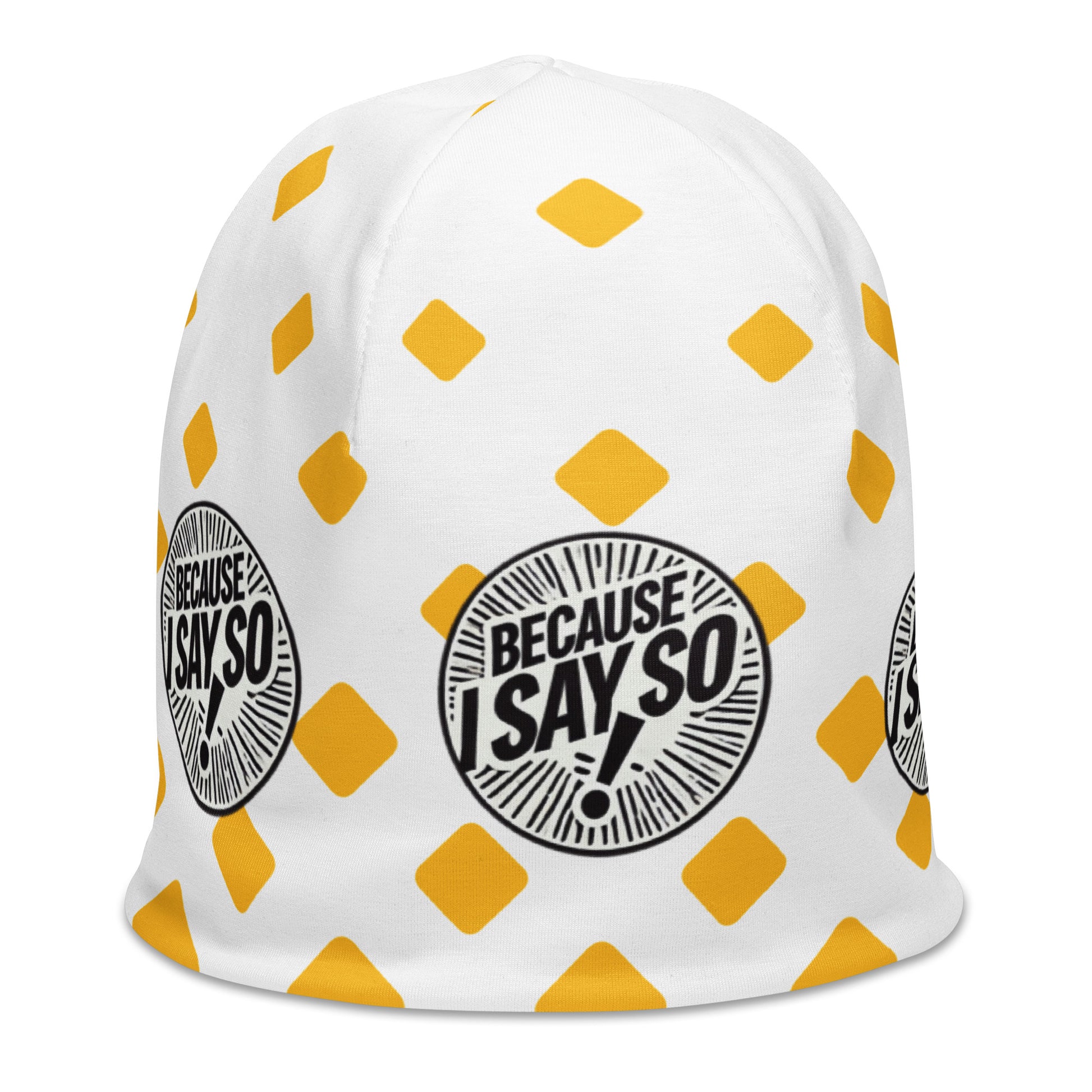 Right front of yellow and white print youth beanie with circle icon saying 'Because I say so'