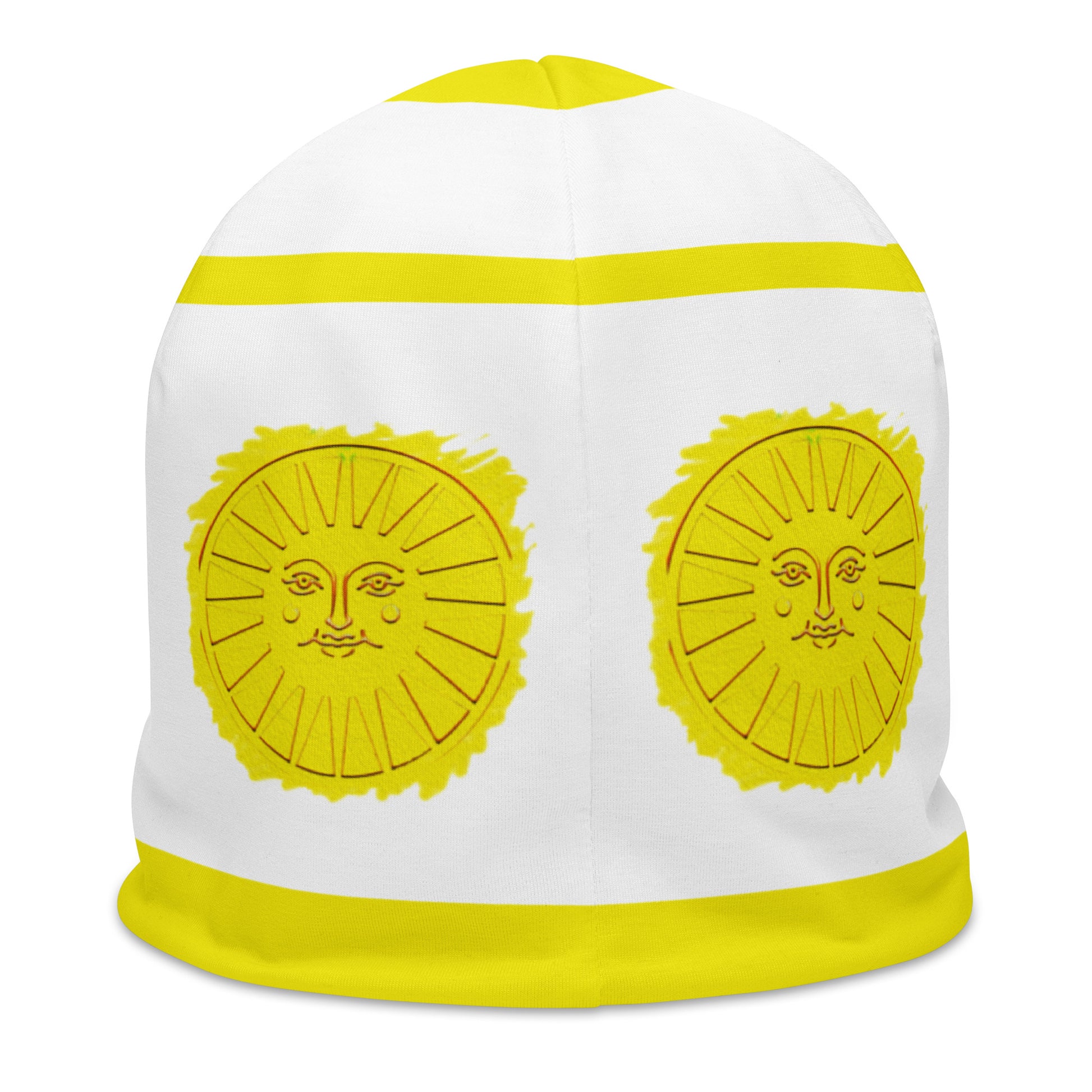 Back of white and yellow beanie with sunshine pattern