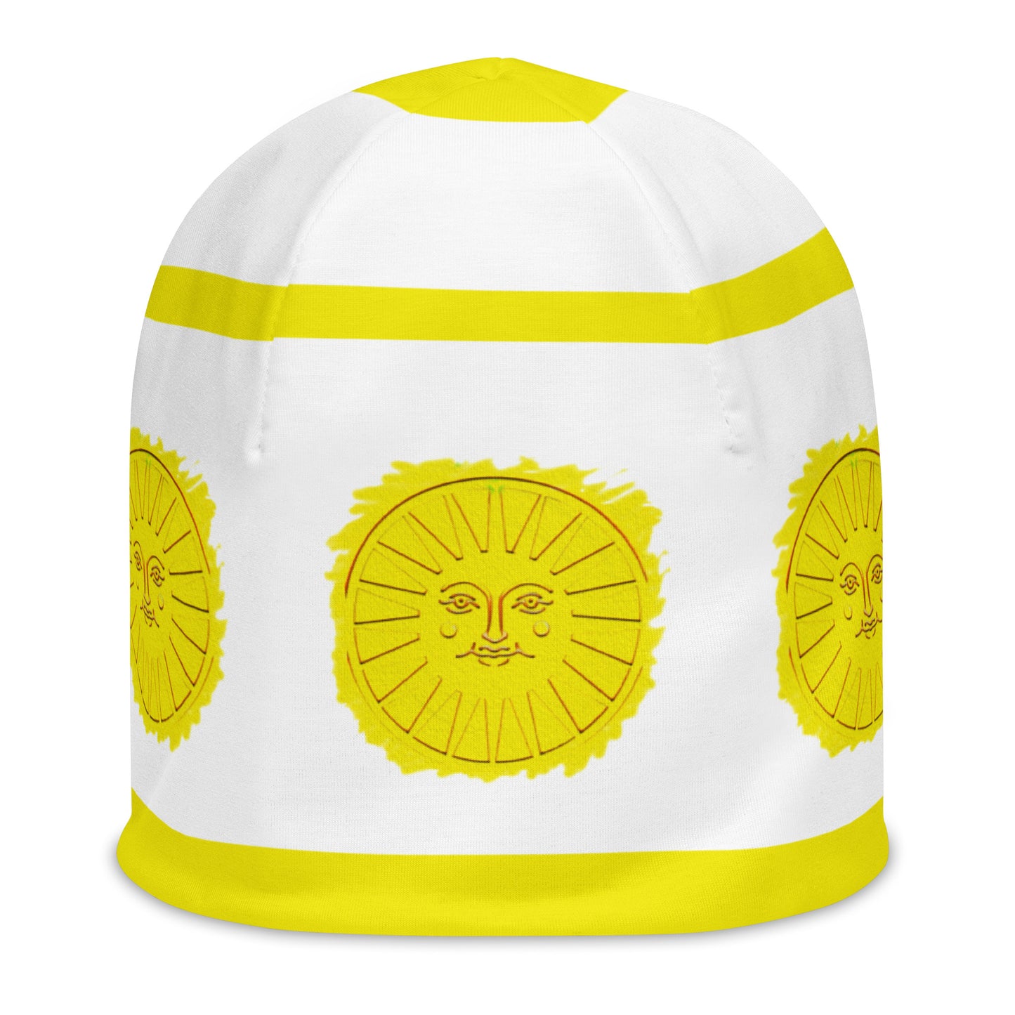 Front of white and yellow beanie with sunshine pattern