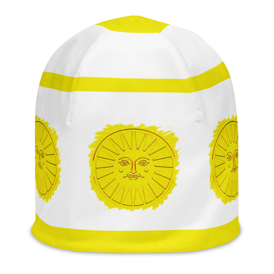 Front of white and yellow beanie with sunshine pattern