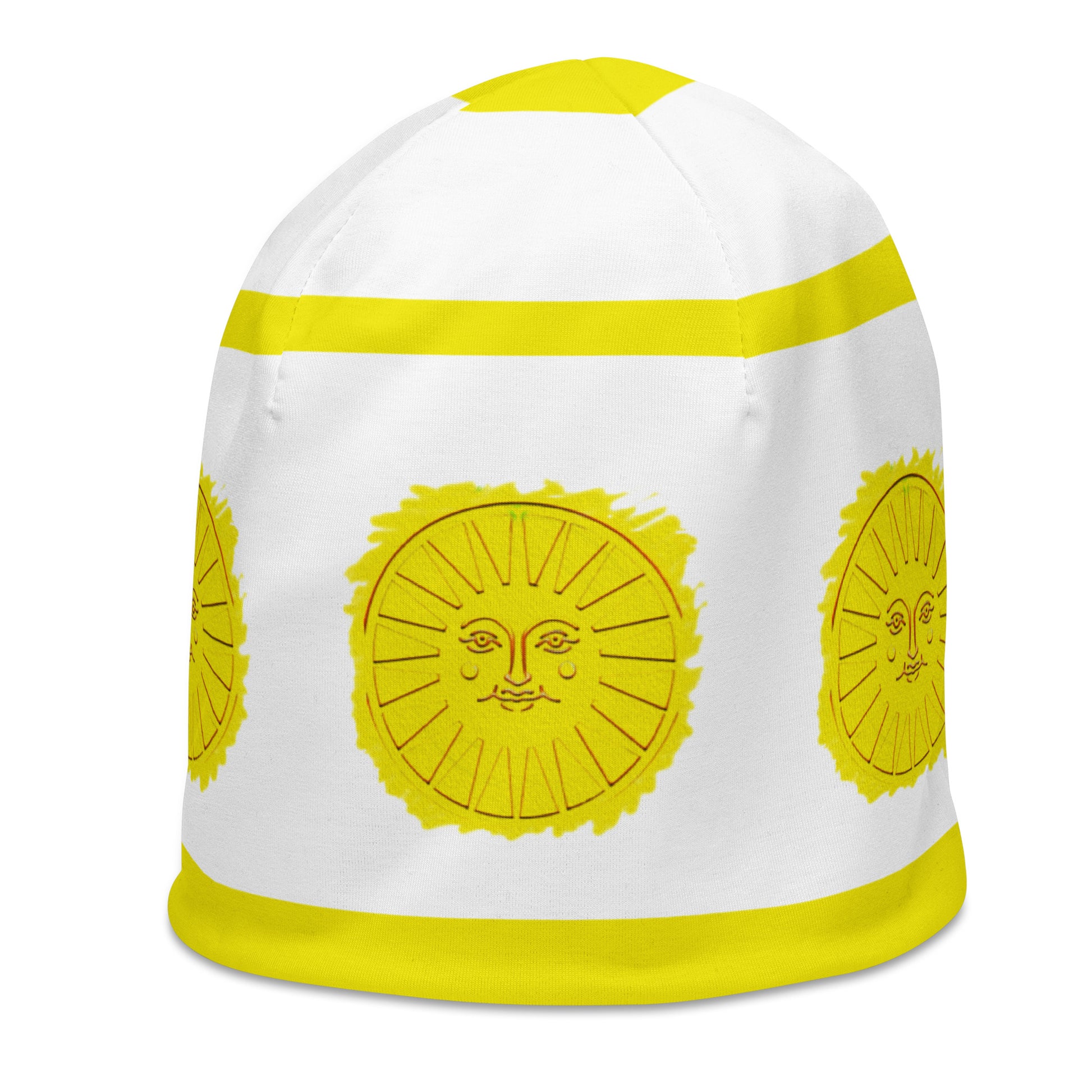 Left front of white and yellow beanie with sunshine pattern