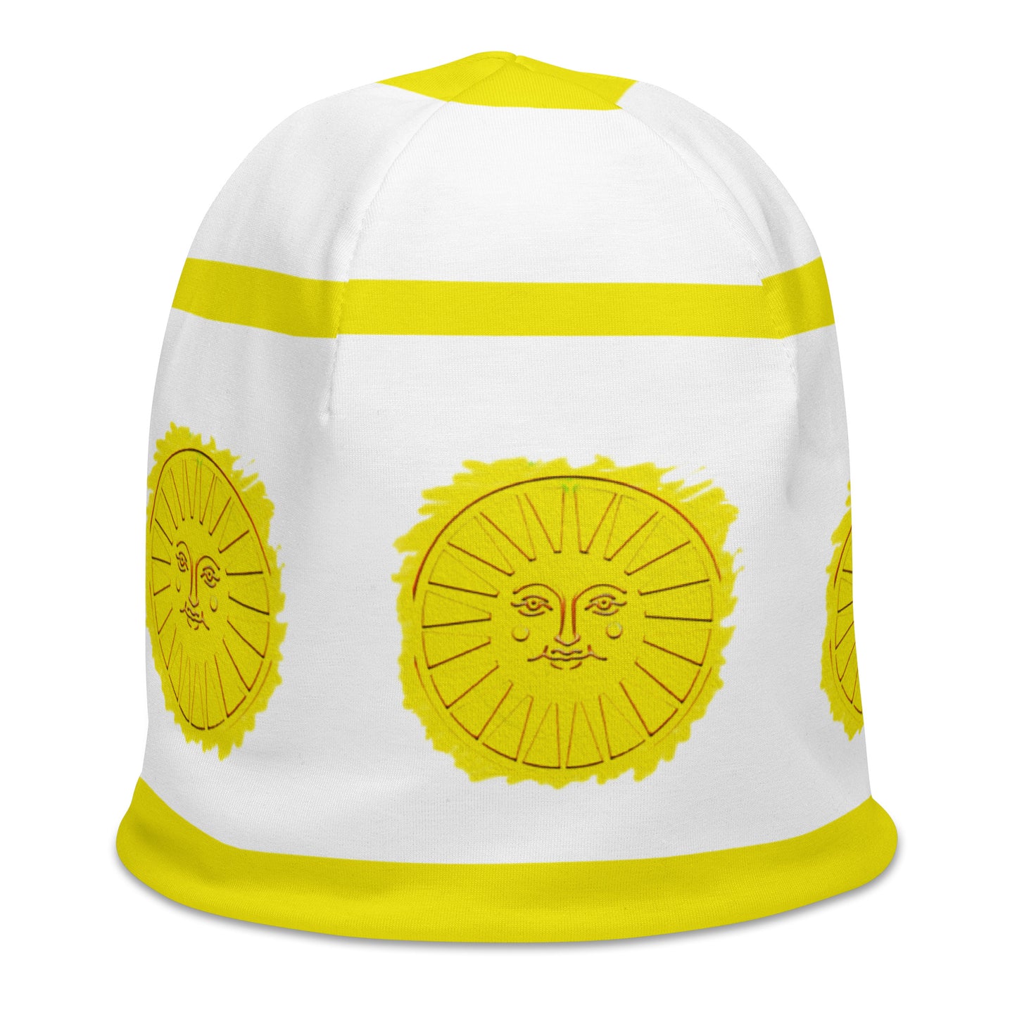 Right front of white and yellow beanie with sunshine pattern