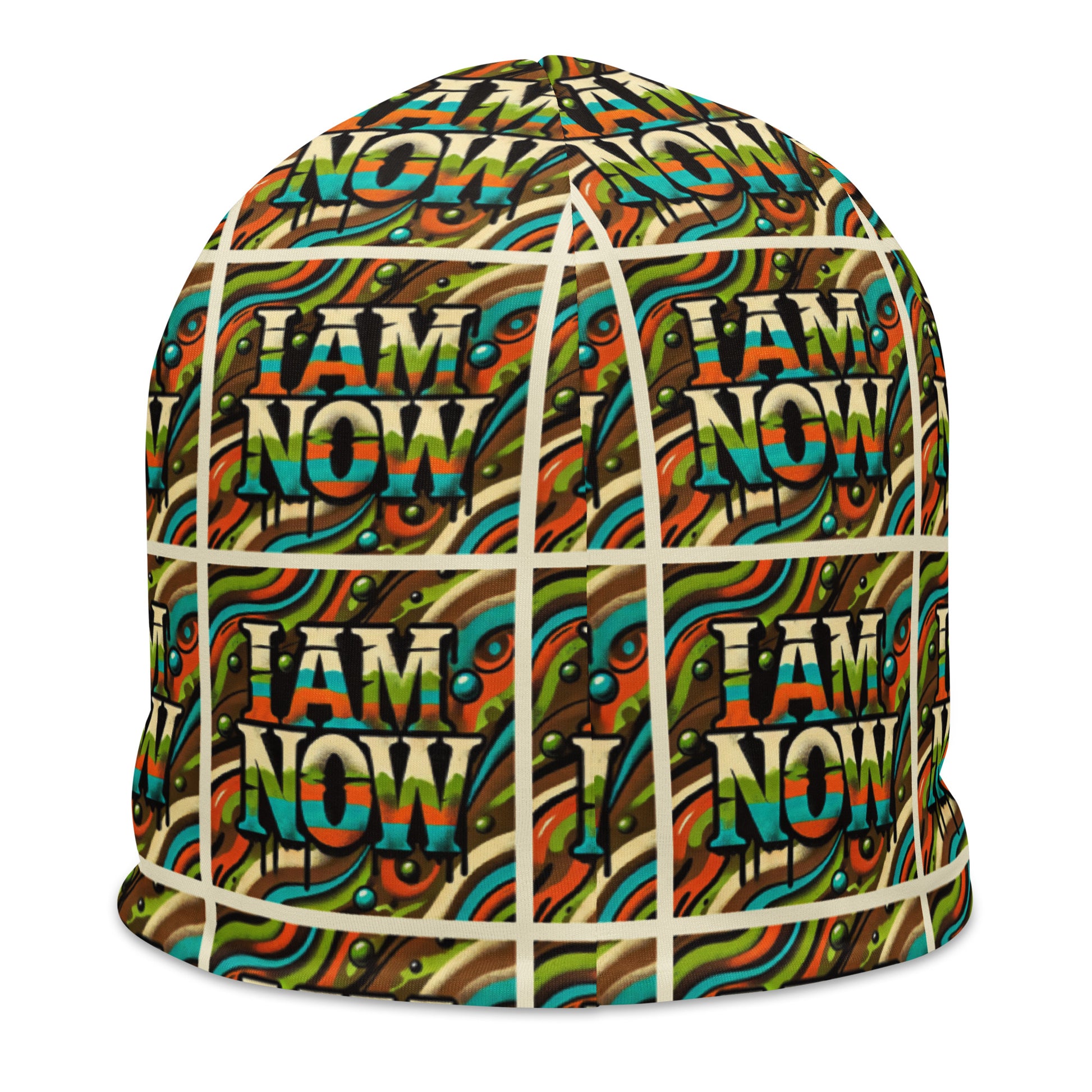 Back of green camou youth beanie with text pattern saying 'I am now'