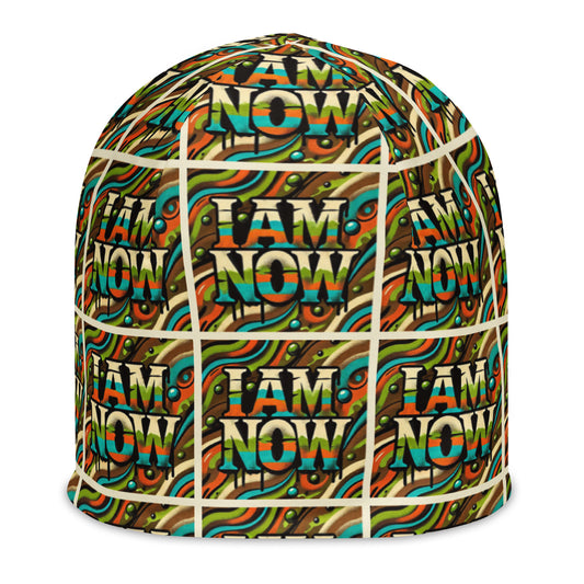 Front of green camou youth beanie with text pattern saying 'I am now'