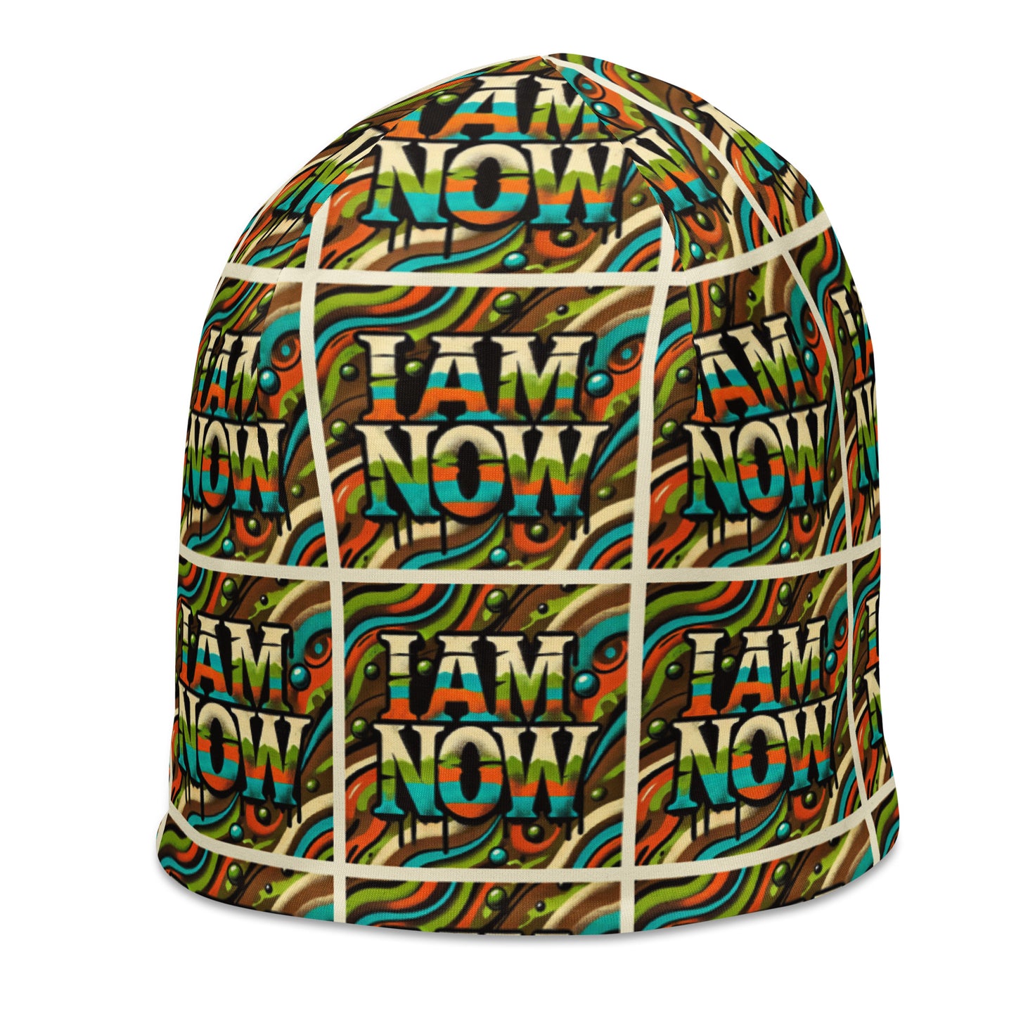 Left front of green camou youth beanie with text pattern saying 'I am now'