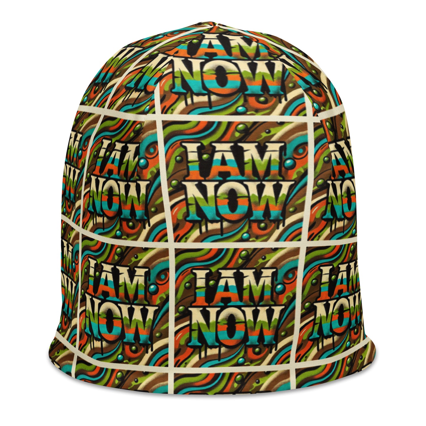 Right front of green camou youth beanie with text pattern saying 'I am now'