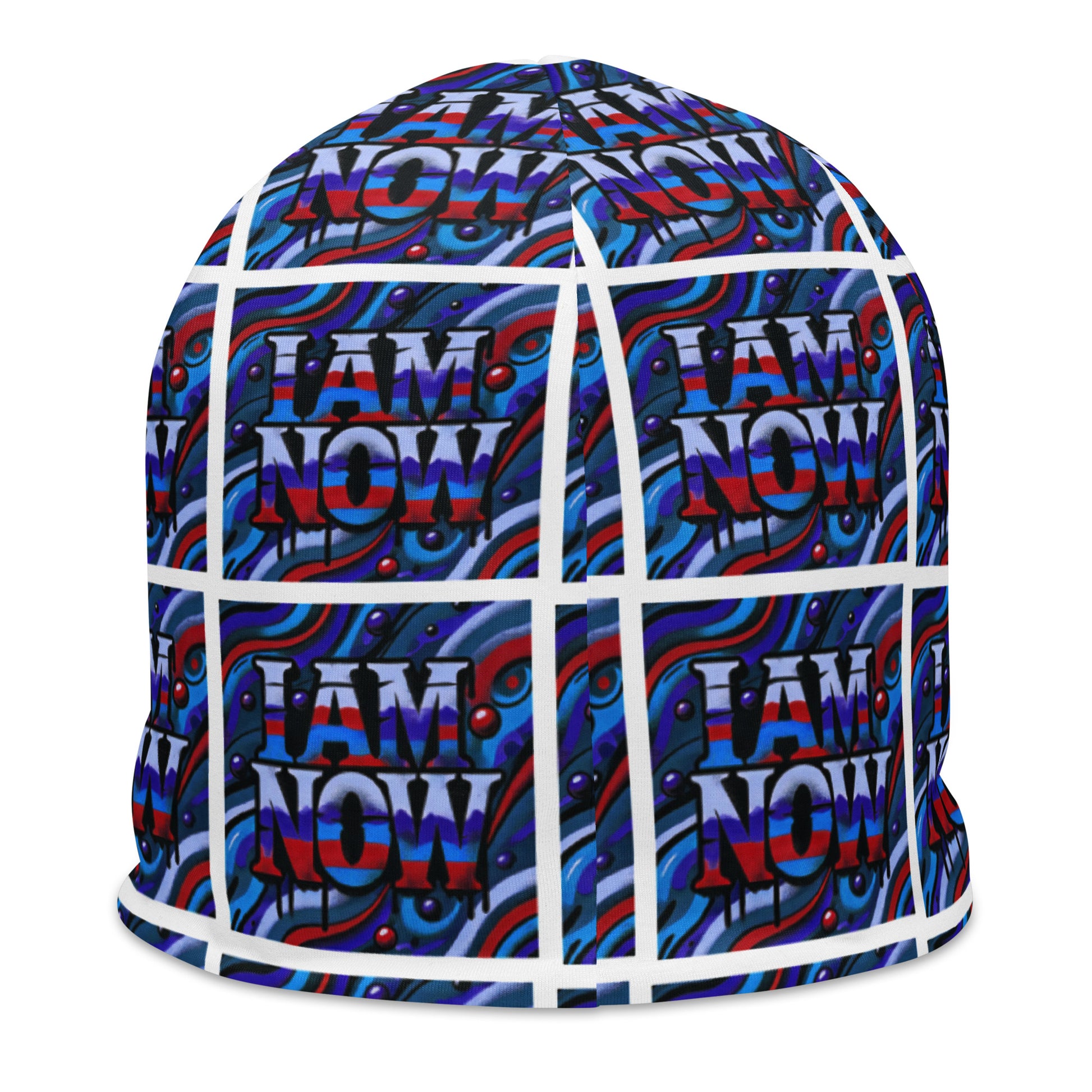 Back of blue camou youth beanie with text pattern saying 'I am now'