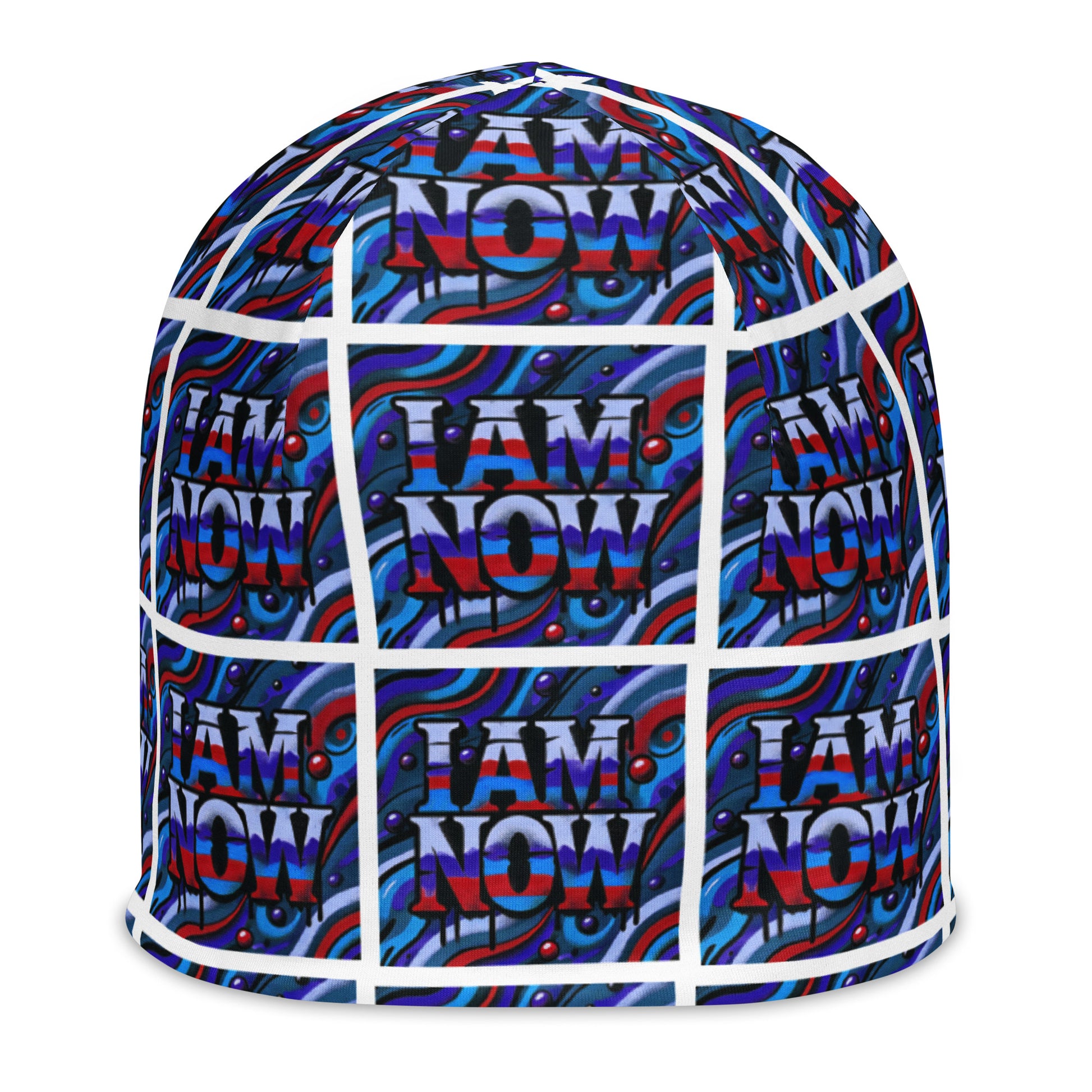 Front of blue camou youth beanie with text pattern saying 'I am now'