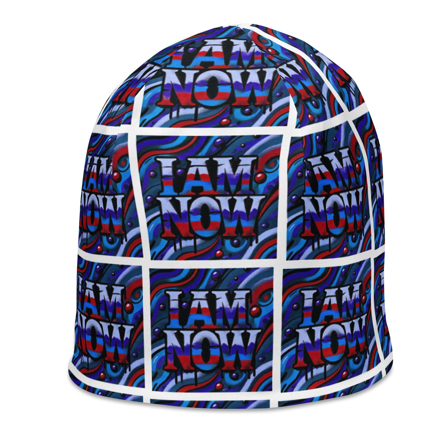 Left front of blue camou youth beanie with text pattern saying 'I am now'