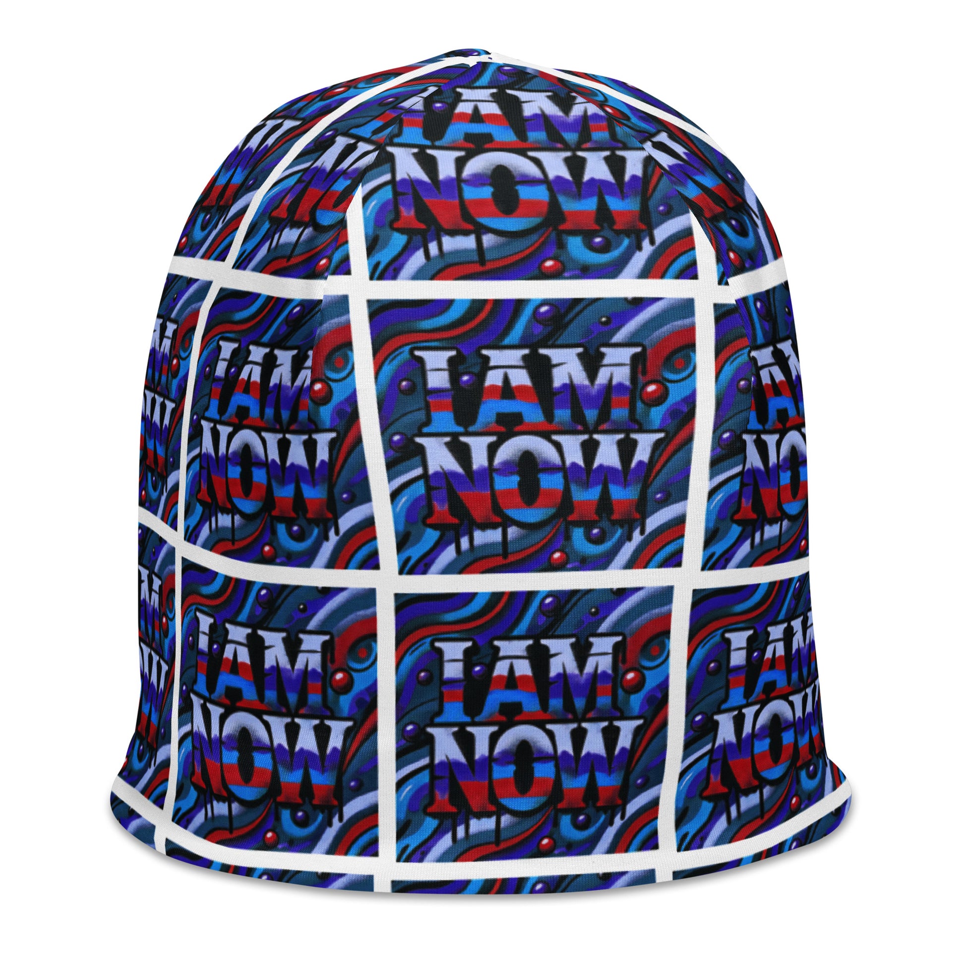 Right front of blue camou youth beanie with text pattern saying 'I am now'