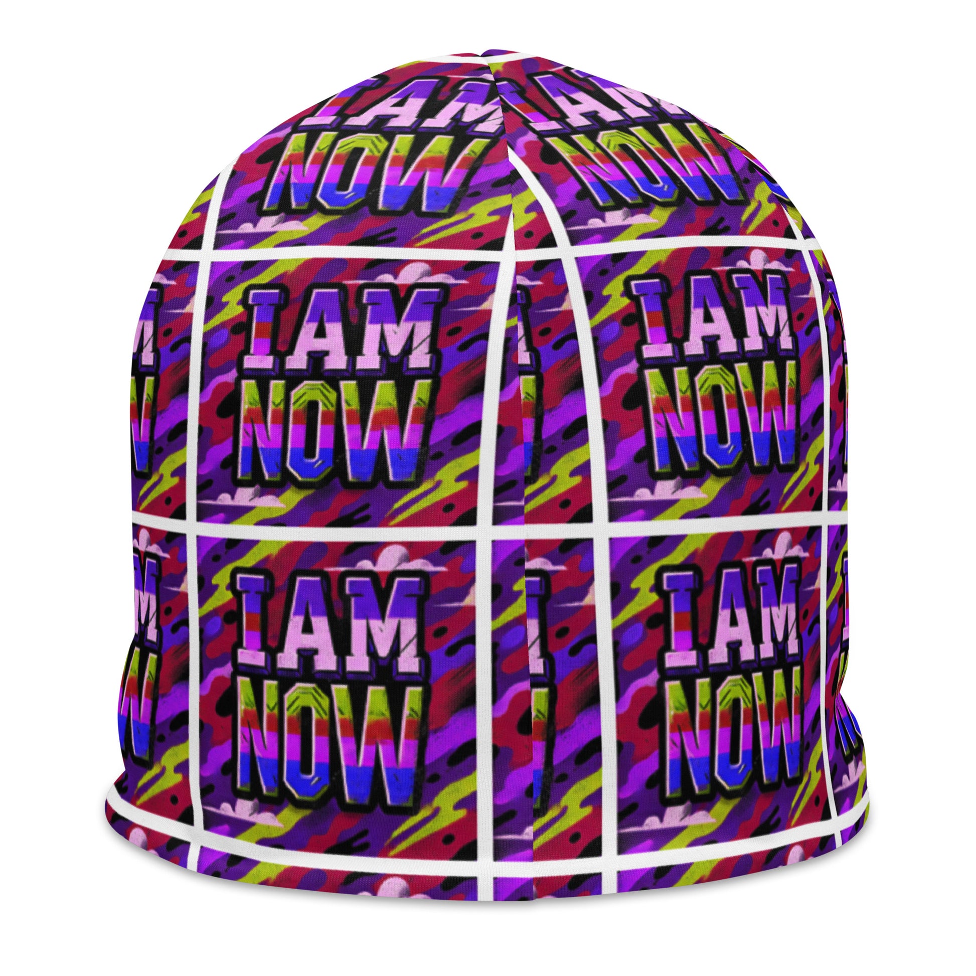 Back of purple camou youth beanie with text pattern saying 'I am now'