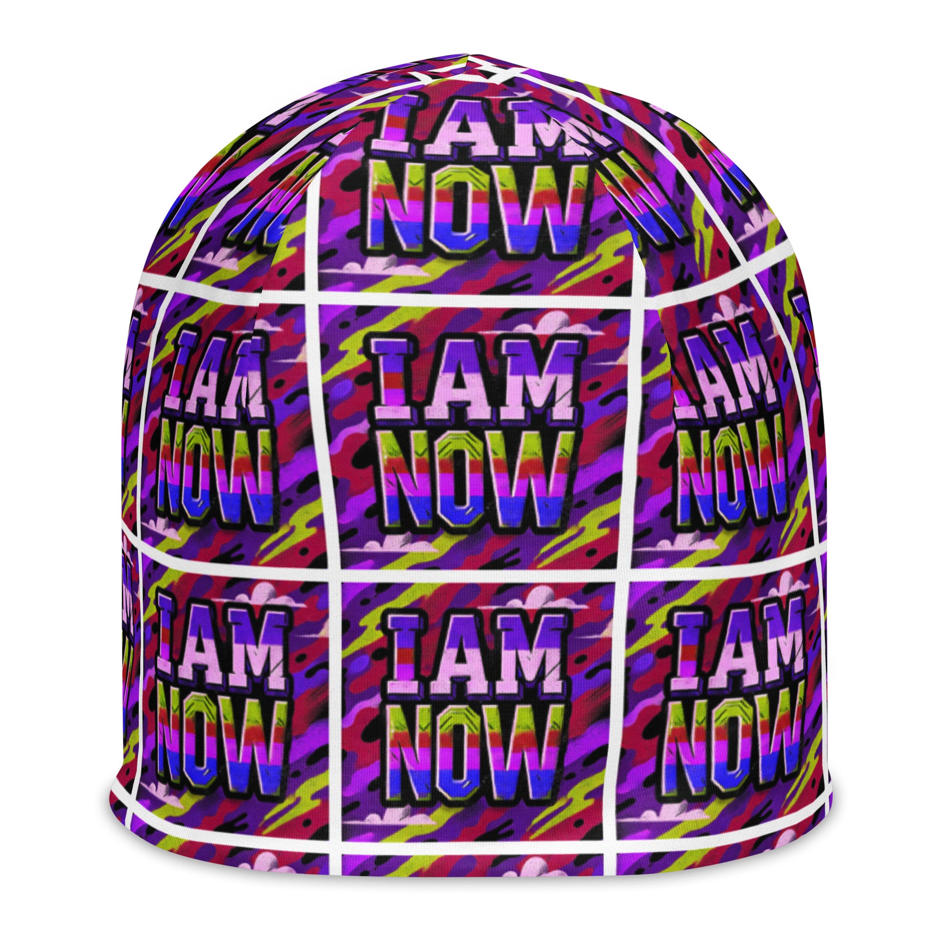 Front of purple camou youth beanie with text pattern saying 'I am now'