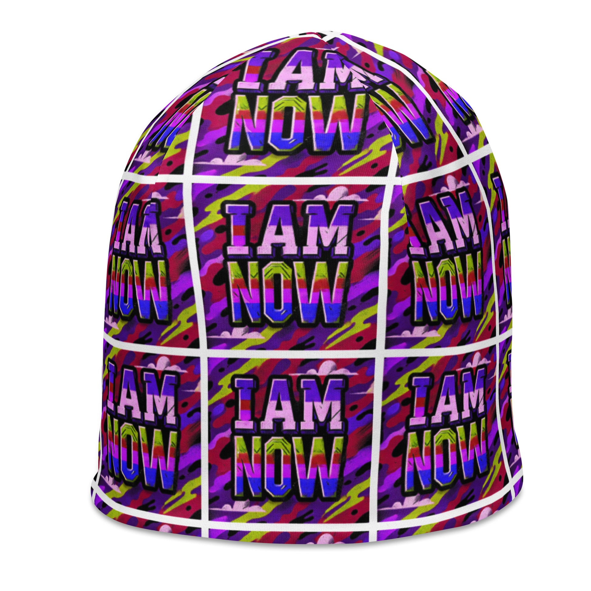 Left front of purple camou youth beanie with text pattern saying 'I am now'