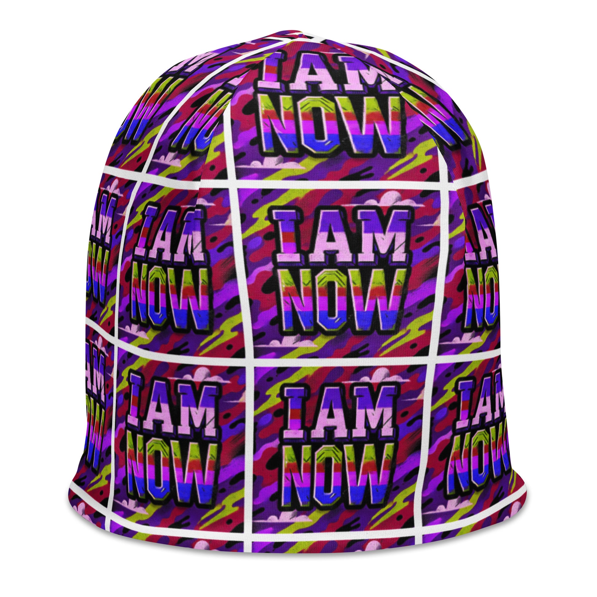 Right front of purple camou youth beanie with text pattern saying 'I am now'