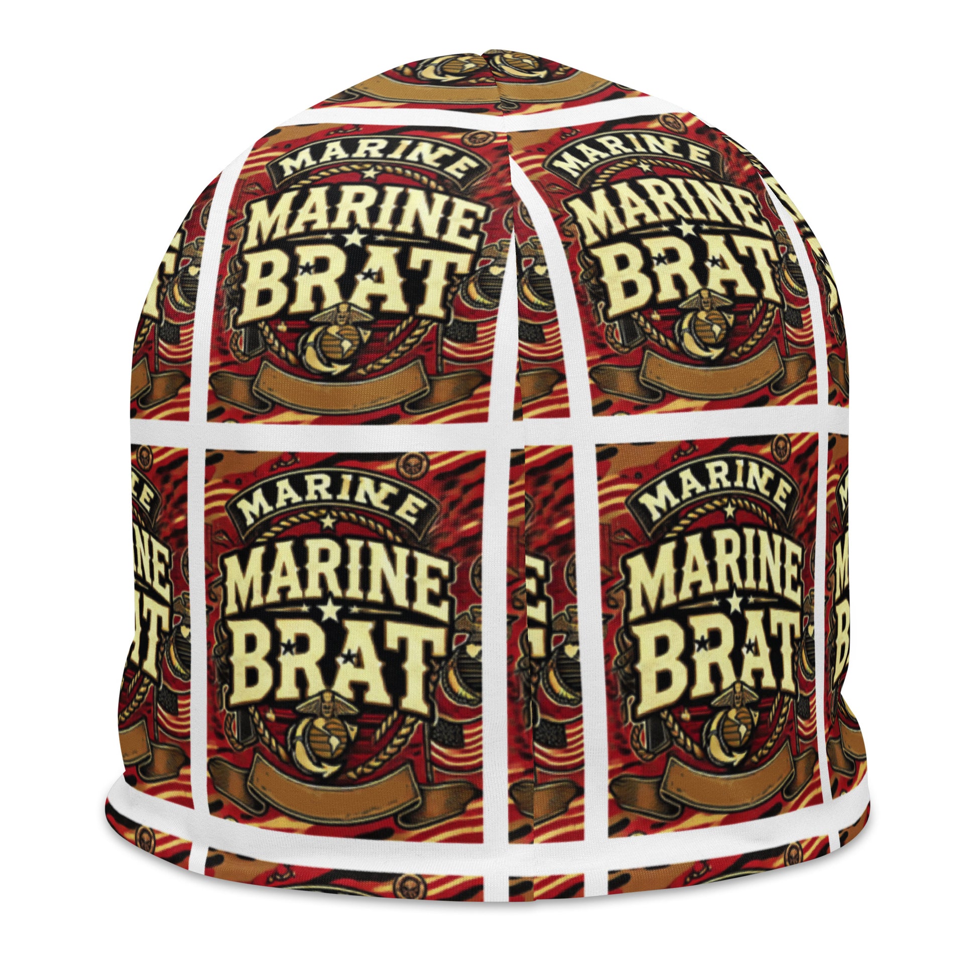 Back of youth beanie with words saying 'marine brat' in burgundy 