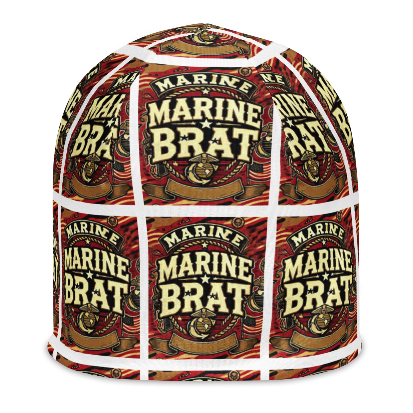 Front of youth beanie with words saying 'marine brat' in burgundy 