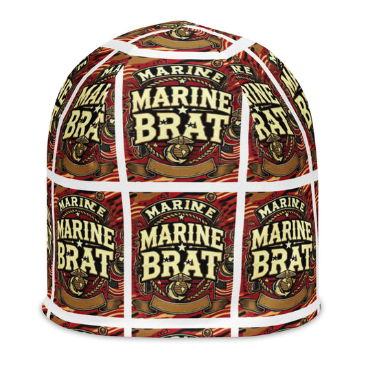 Front of youth beanie with words saying 'marine brat' in burgundy 