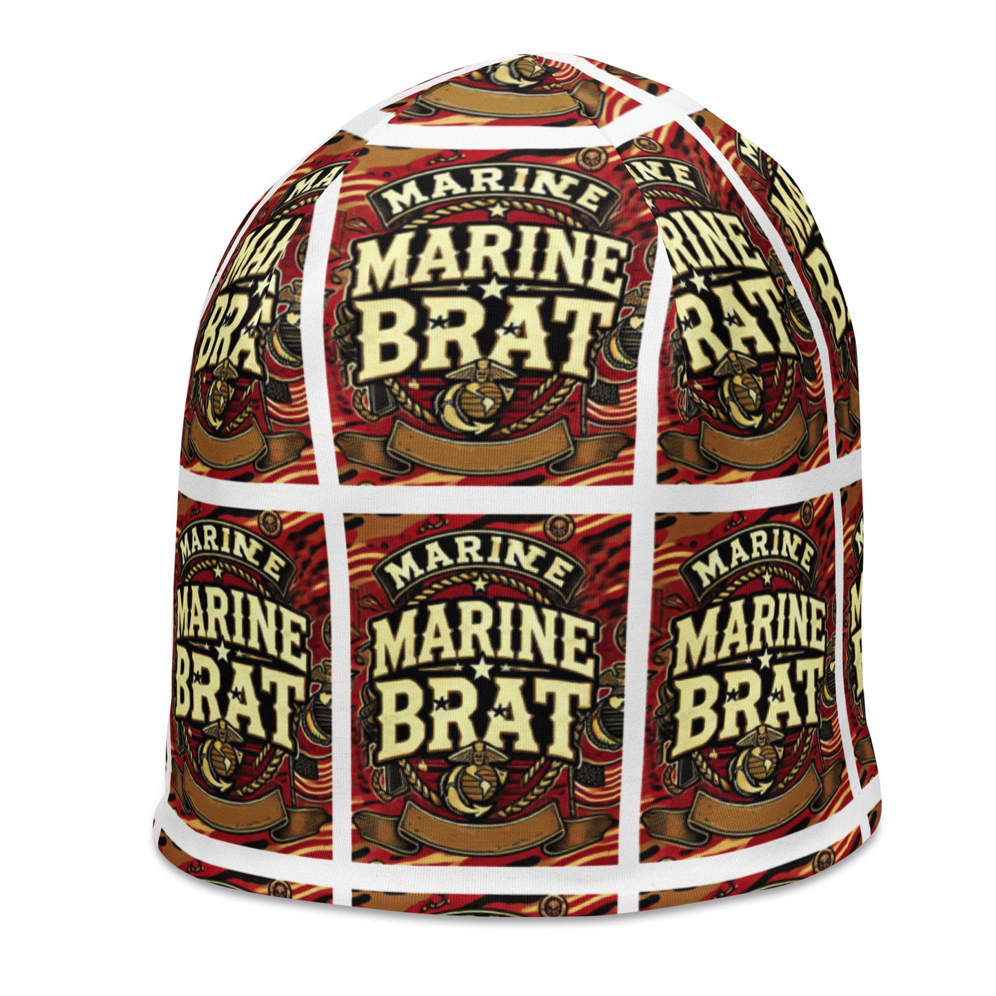 Left front of youth beanie with words saying 'marine brat' in burgundy 