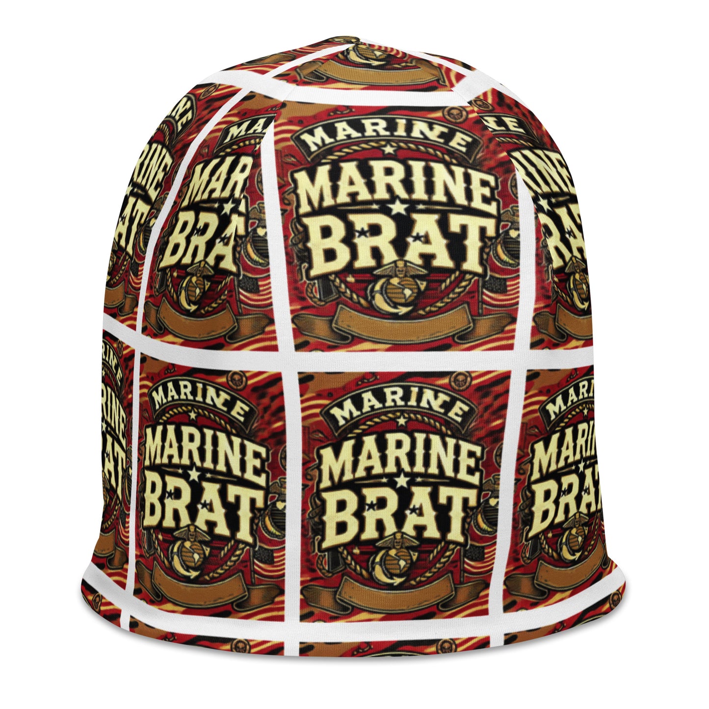 Right front of youth beanie with words saying 'marine brat' in burgundy 