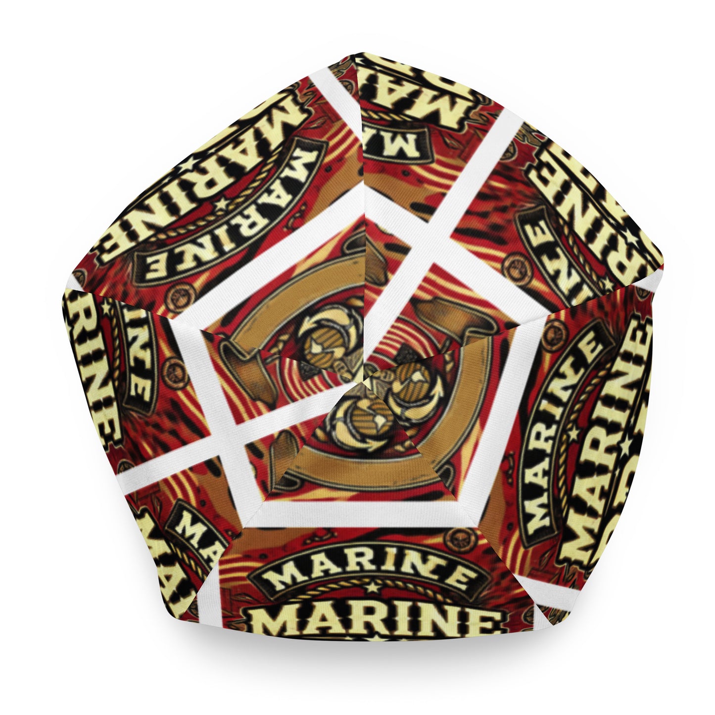 Top of youth beanie with words saying 'marine brat' in burgundy pattern