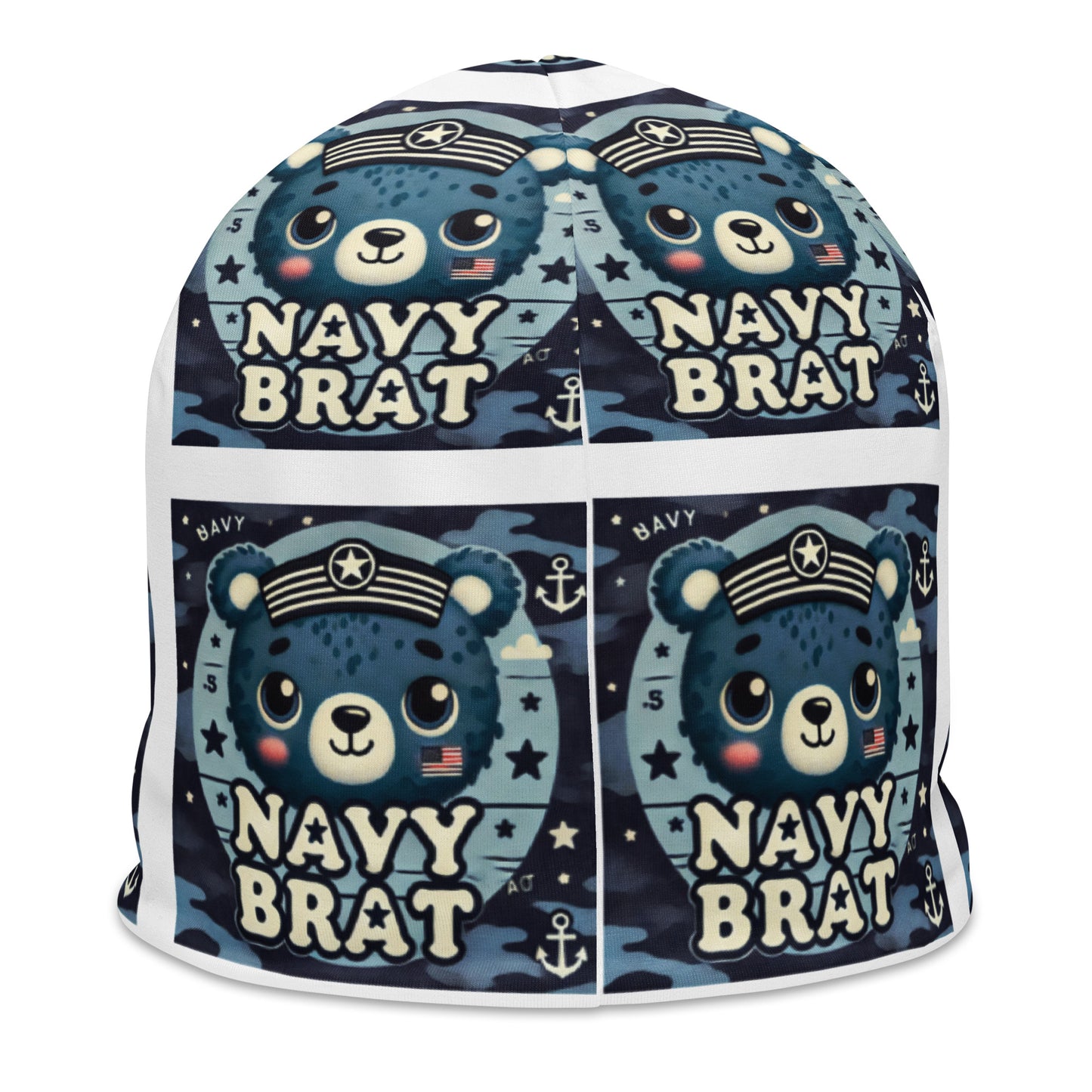 Back of youth beanie with blue baby bear and words saying 'navy brat' in blue pattern