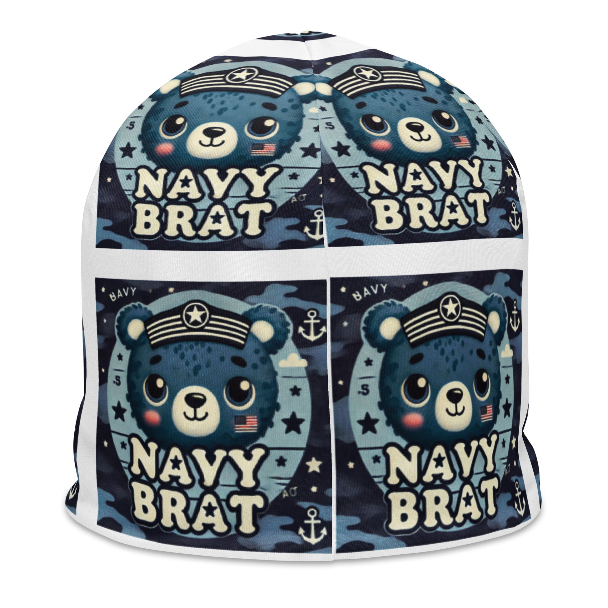 Back of youth beanie with blue baby bear and words saying 'navy brat' in blue pattern