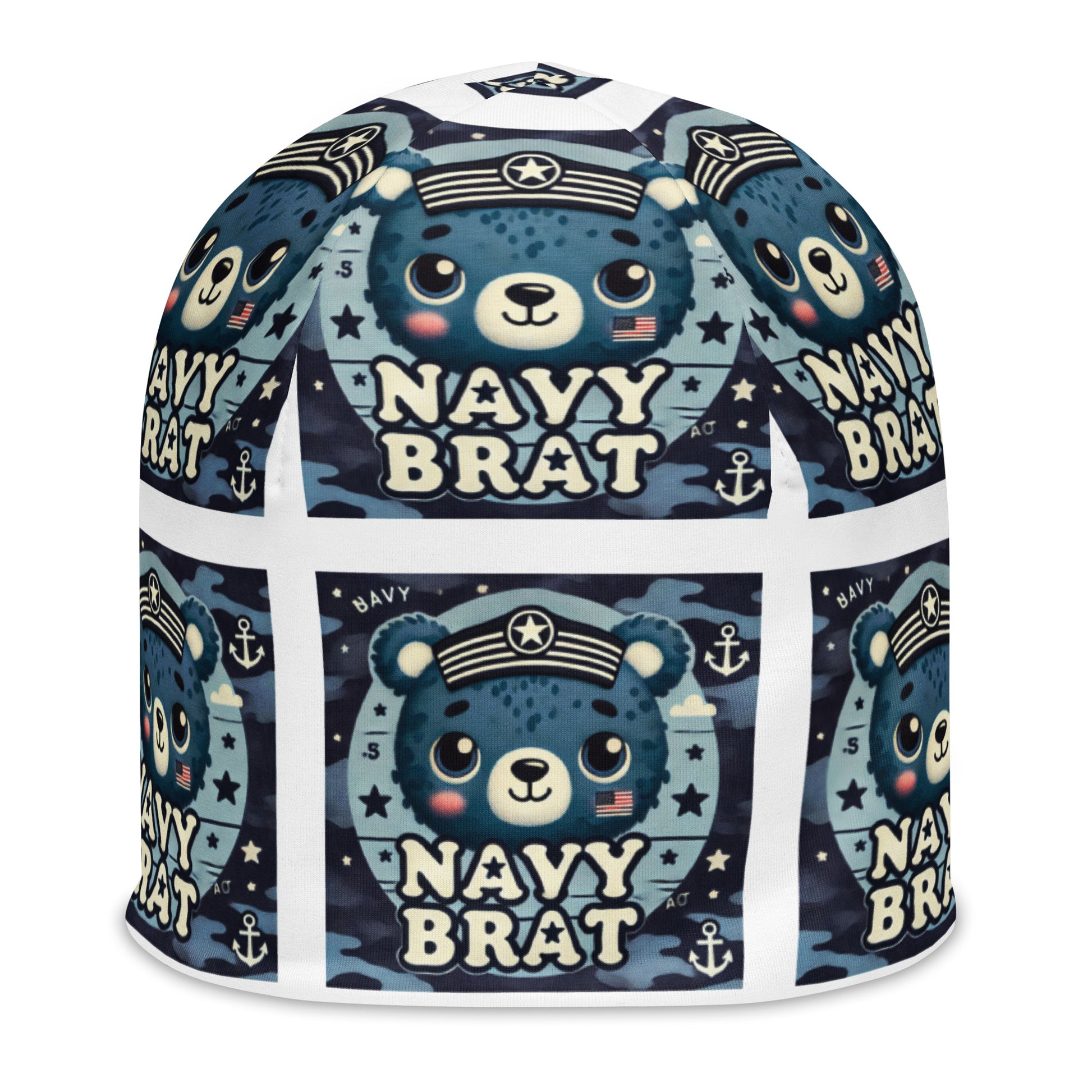 Front of youth beanie with blue baby bear and words saying 'navy brat' in blue pattern