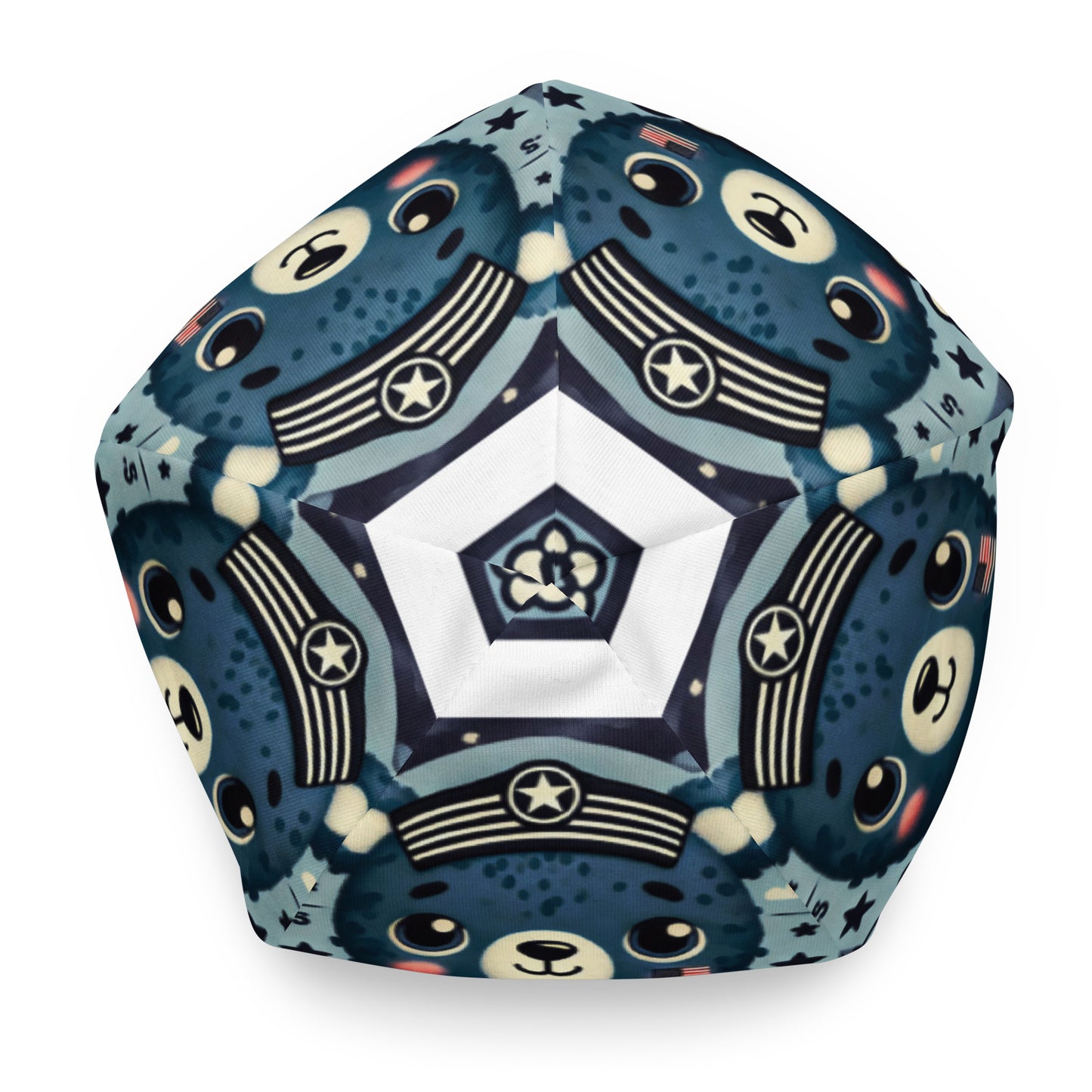 Top of youth beanie with blue baby bear in blue pattern