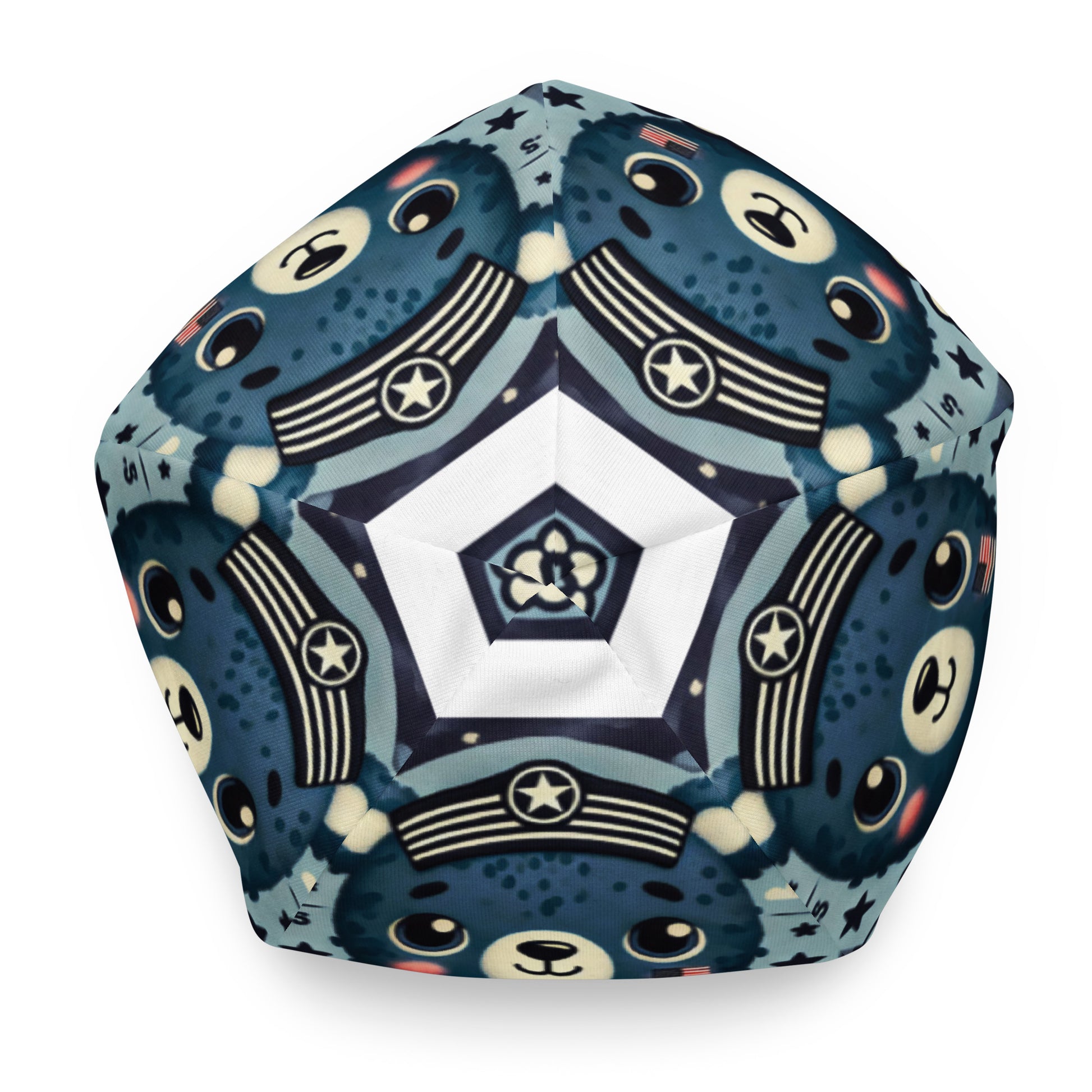 Top of youth beanie with blue baby bear in blue pattern