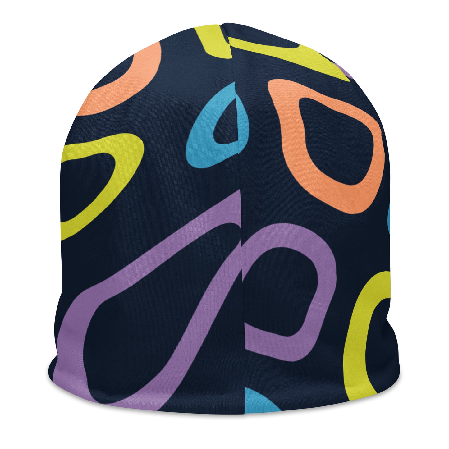 Back of multi-colored and black print youth beanie with red and yellow icon saying 'okay'