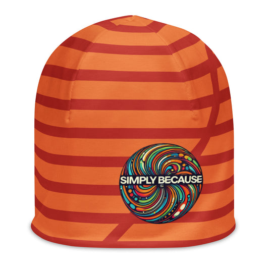 Front of Simply Because orange youth beanie with red horizontal Ines and icon with text saying 'Simply Because'