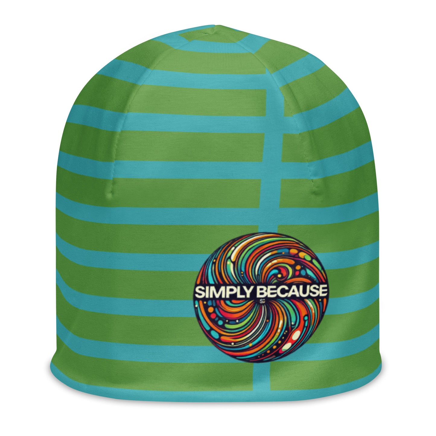 Front of Youth green and blue beanie with 'Simply Because' icon