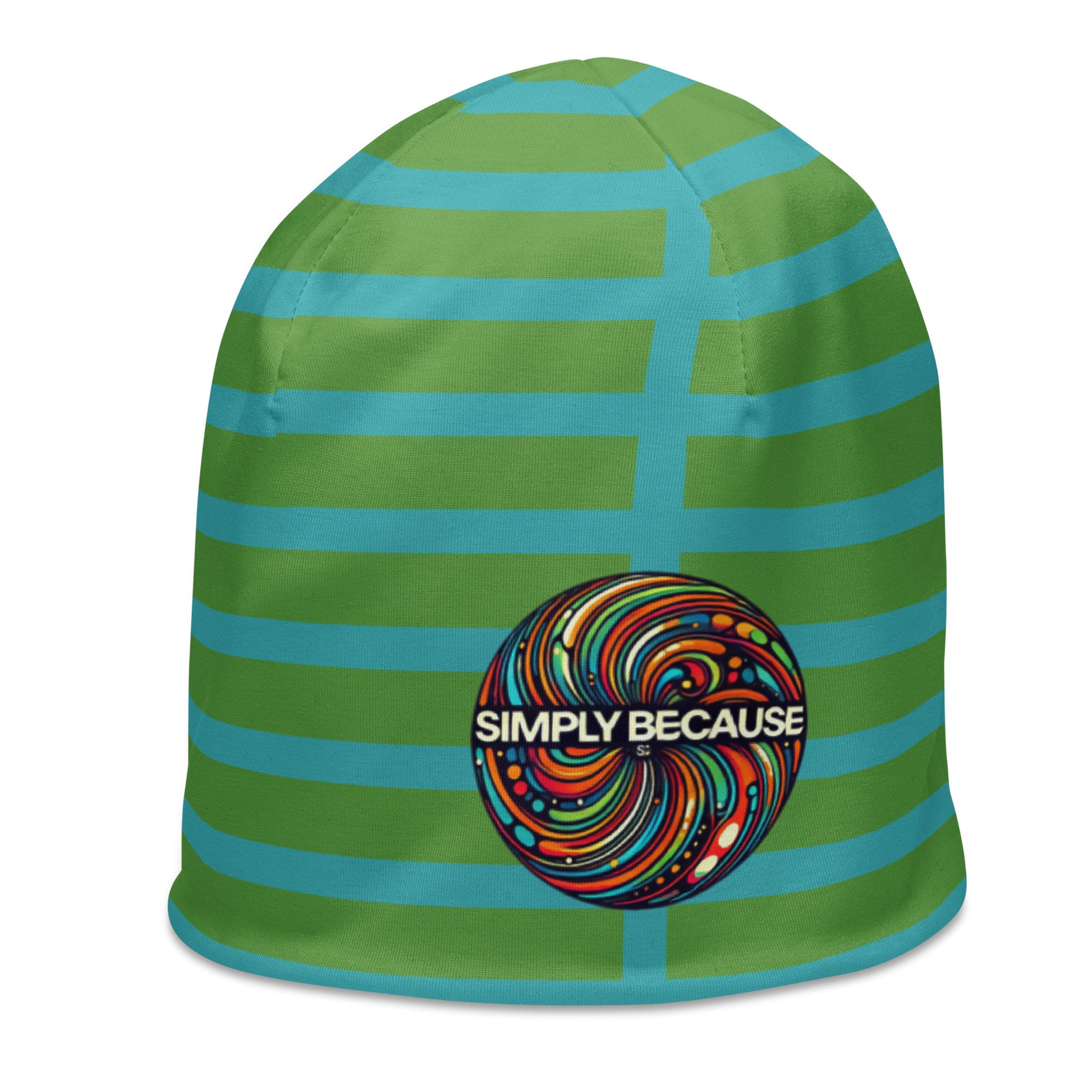 Left front of Youth green and blue beanie with 'Simply Because' icon