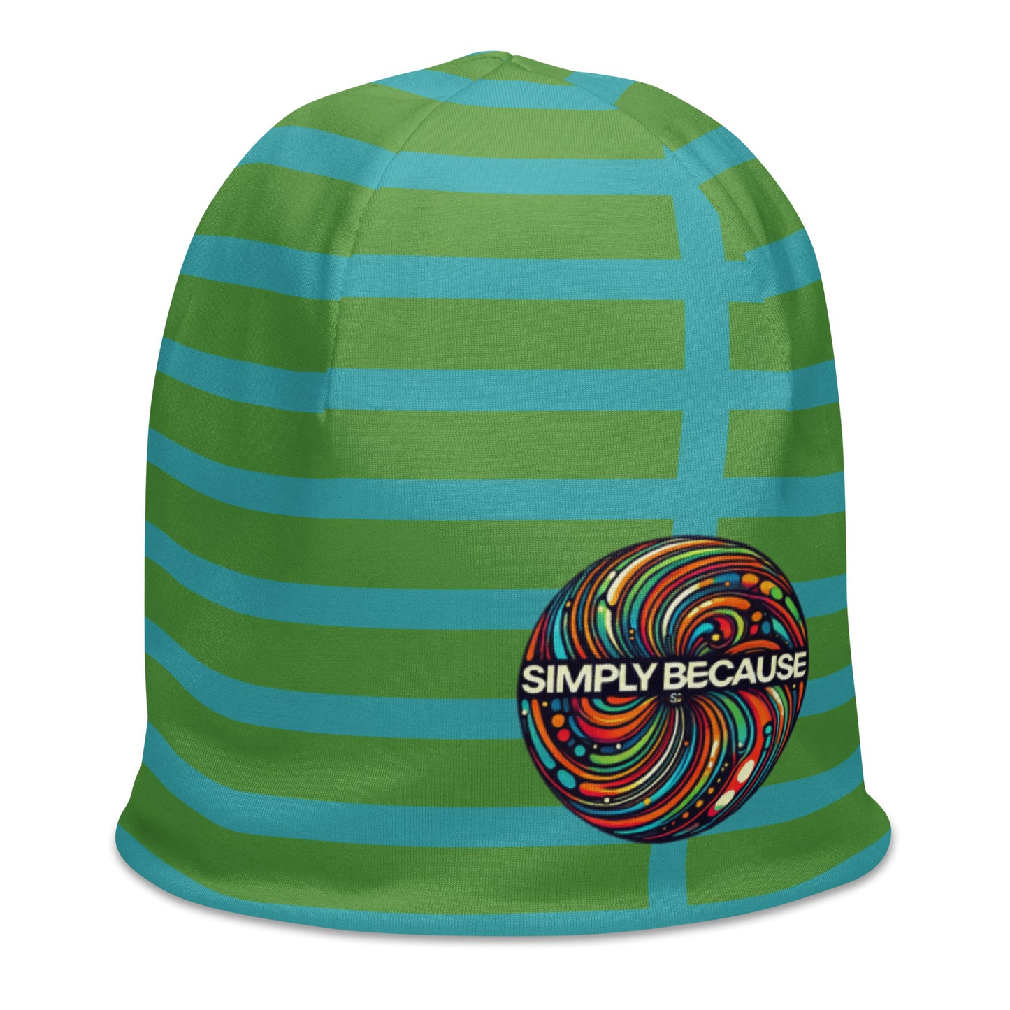 Right front of Youth green and blue beanie with 'Simply Because' icon