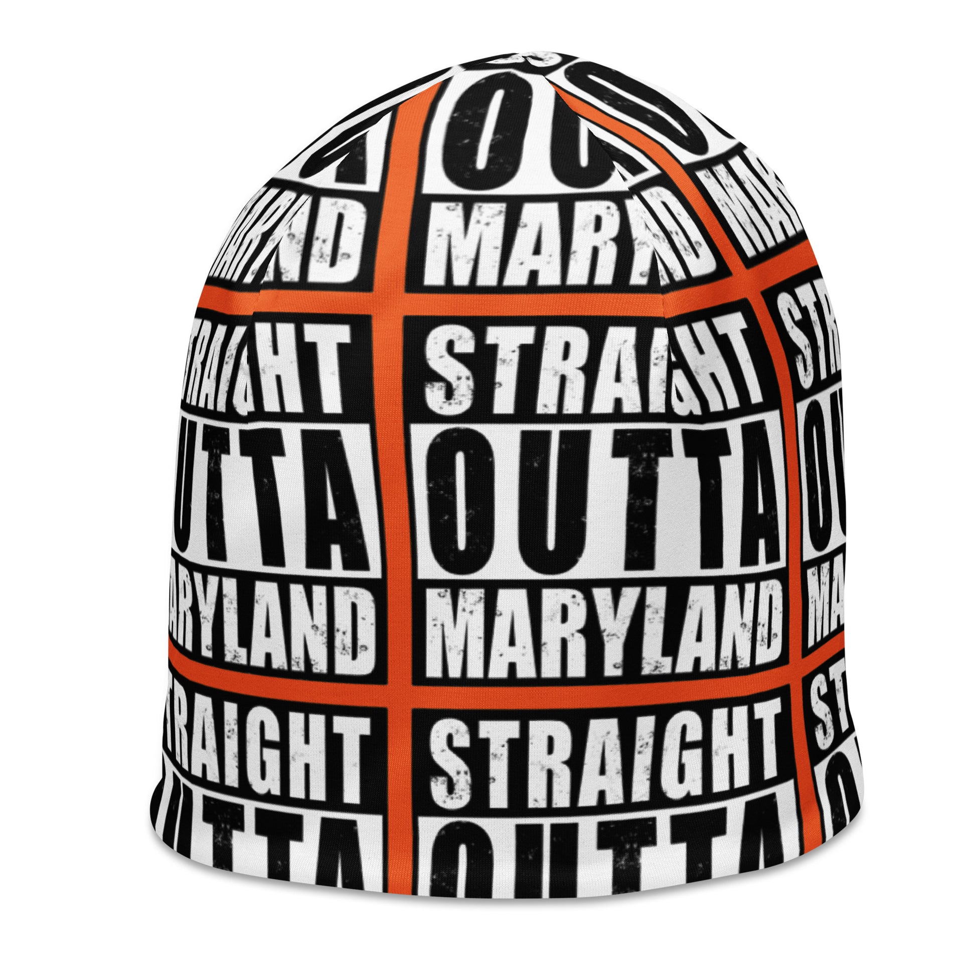 Unisex beanie w/all-over print of the Straight Outta New York image on a orange background, left view