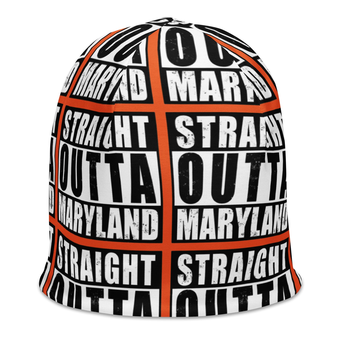 Unisex beanie w/all-over print of the Straight Outta New York image on a orange background, right view